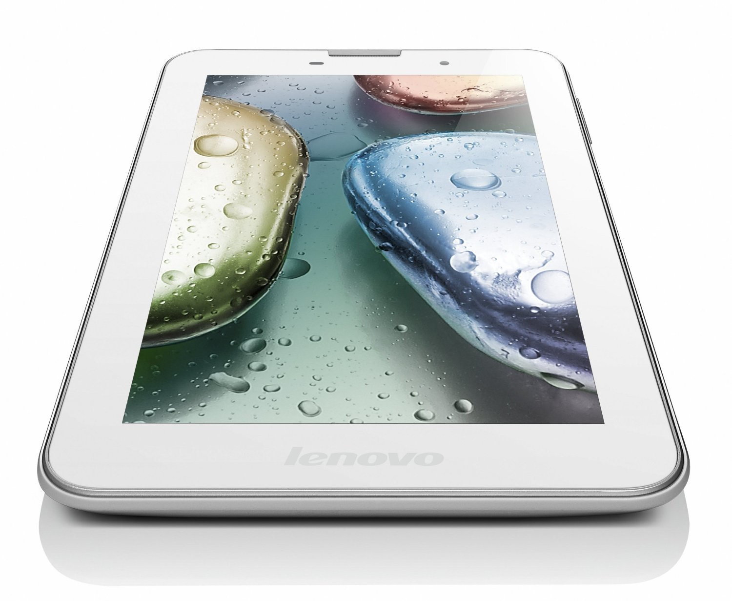 Weißes Tablet mit einem Bildschirm, der farbenfrohe Wasserflecken zeigt. Das Tablet hat einen silbernen Rahmen.