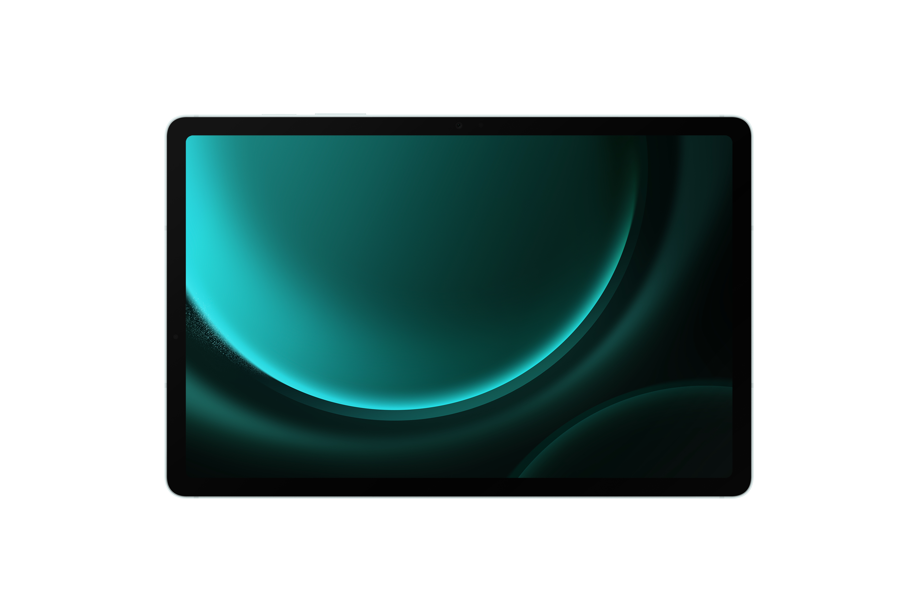 Tablet mit teal und dunkelblauem abstraktem Design auf dem Bildschirm, vor weißem Hintergrund.