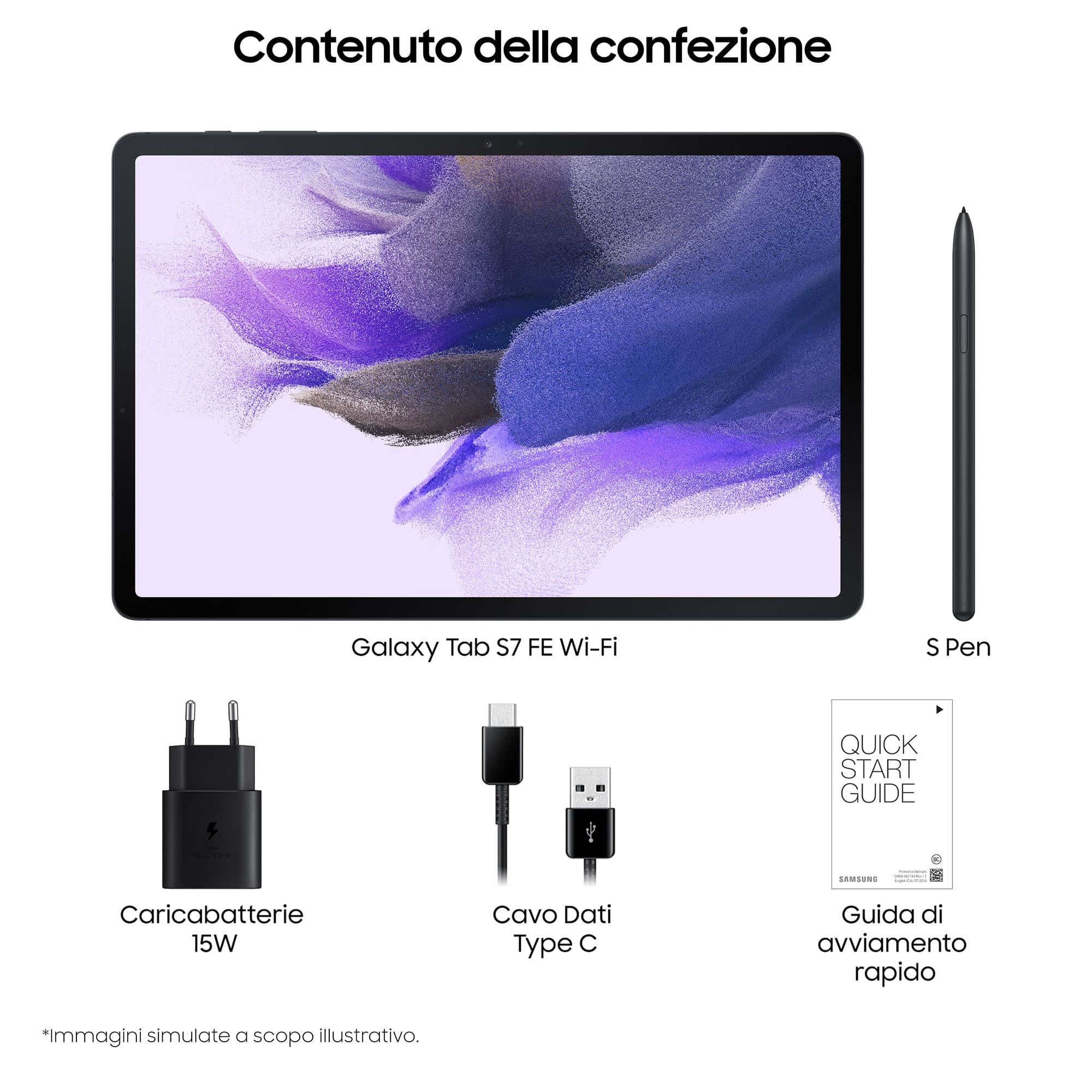 Tablet und Zubehör: Stift, Ladegerät, Kabel und Kurzanleitung. Weißer Hintergrund.