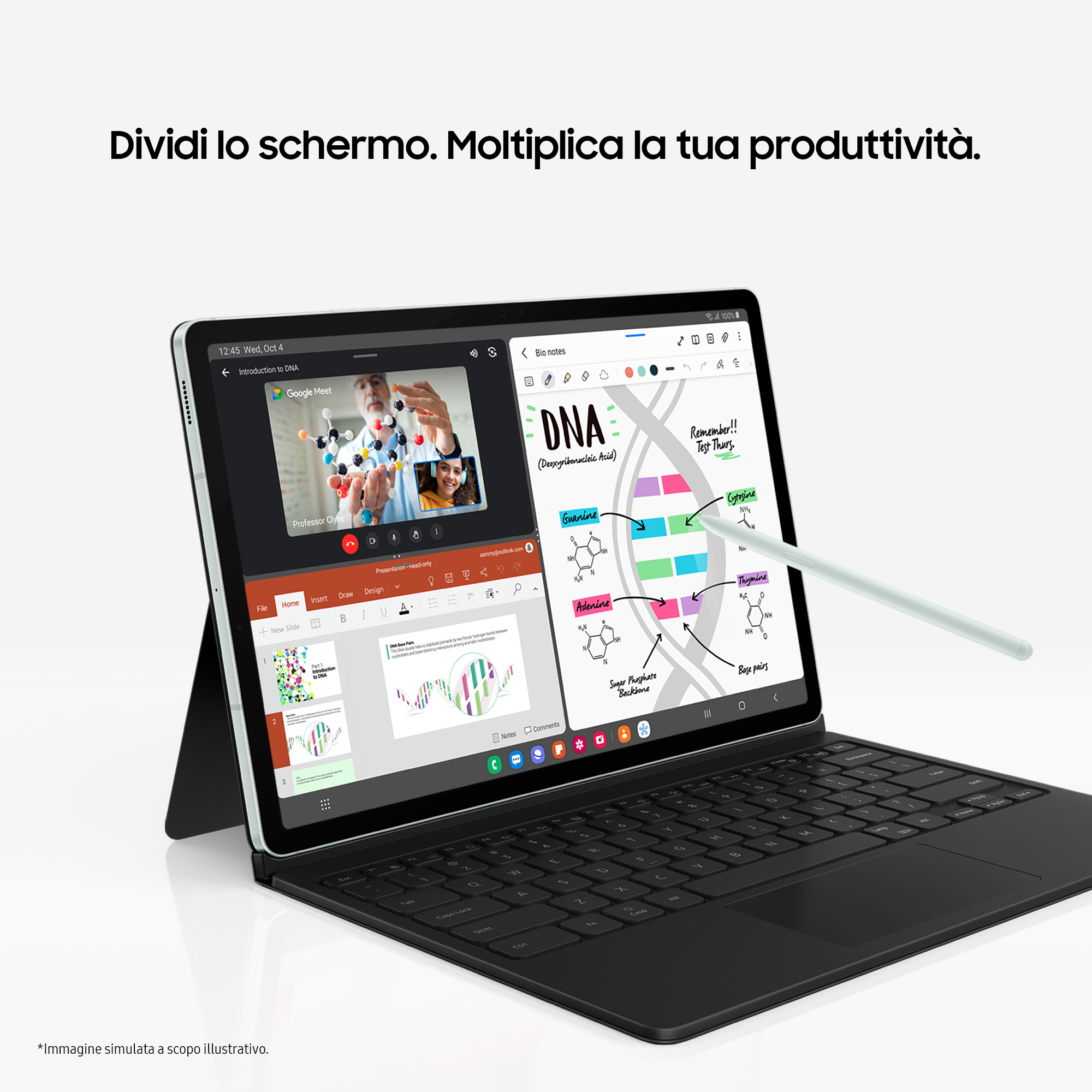 Tableta mostrando una videollamada y una aplicación de notas. Tiene un teclado y un bolígrafo.