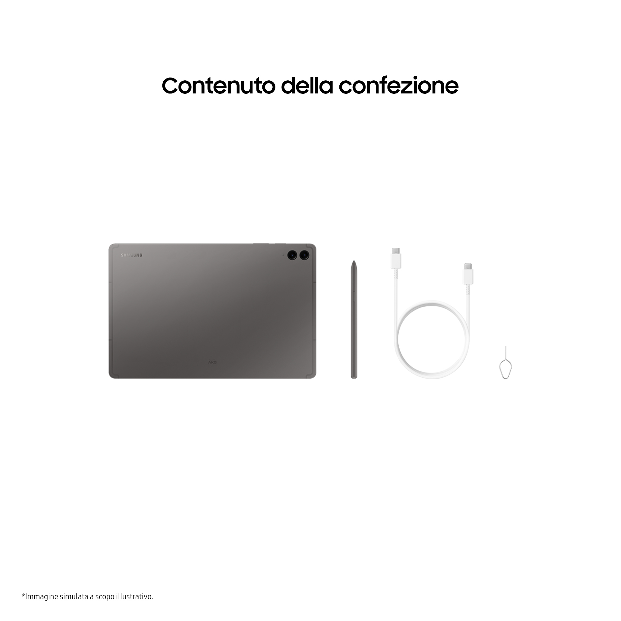 Contenido de la tableta. Se muestra la tableta, el lápiz óptico, el cable de carga y una herramienta de expulsión de SIM.
