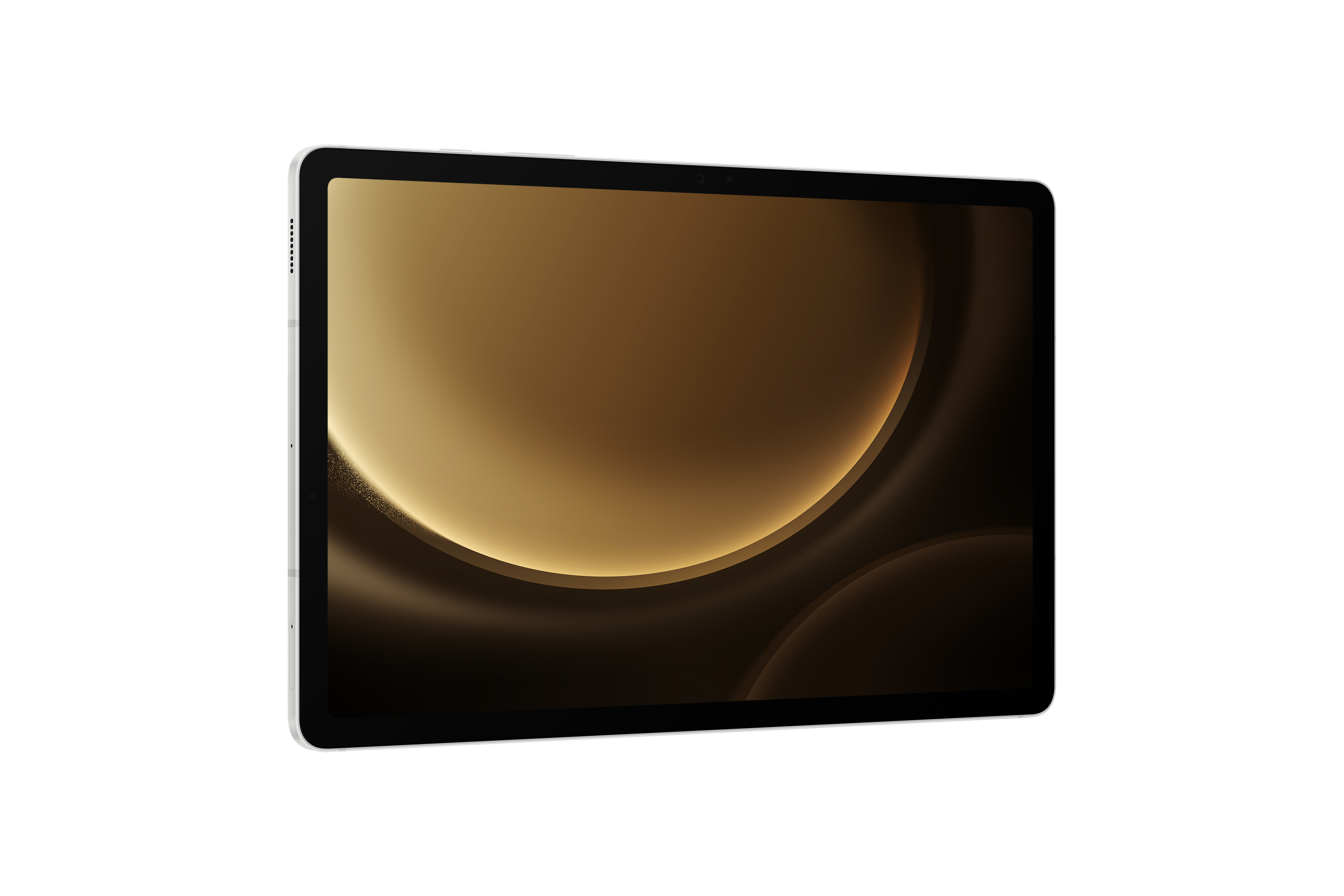 Un tablet con schermo marrone dorato che mostra uno sfondo astratto.