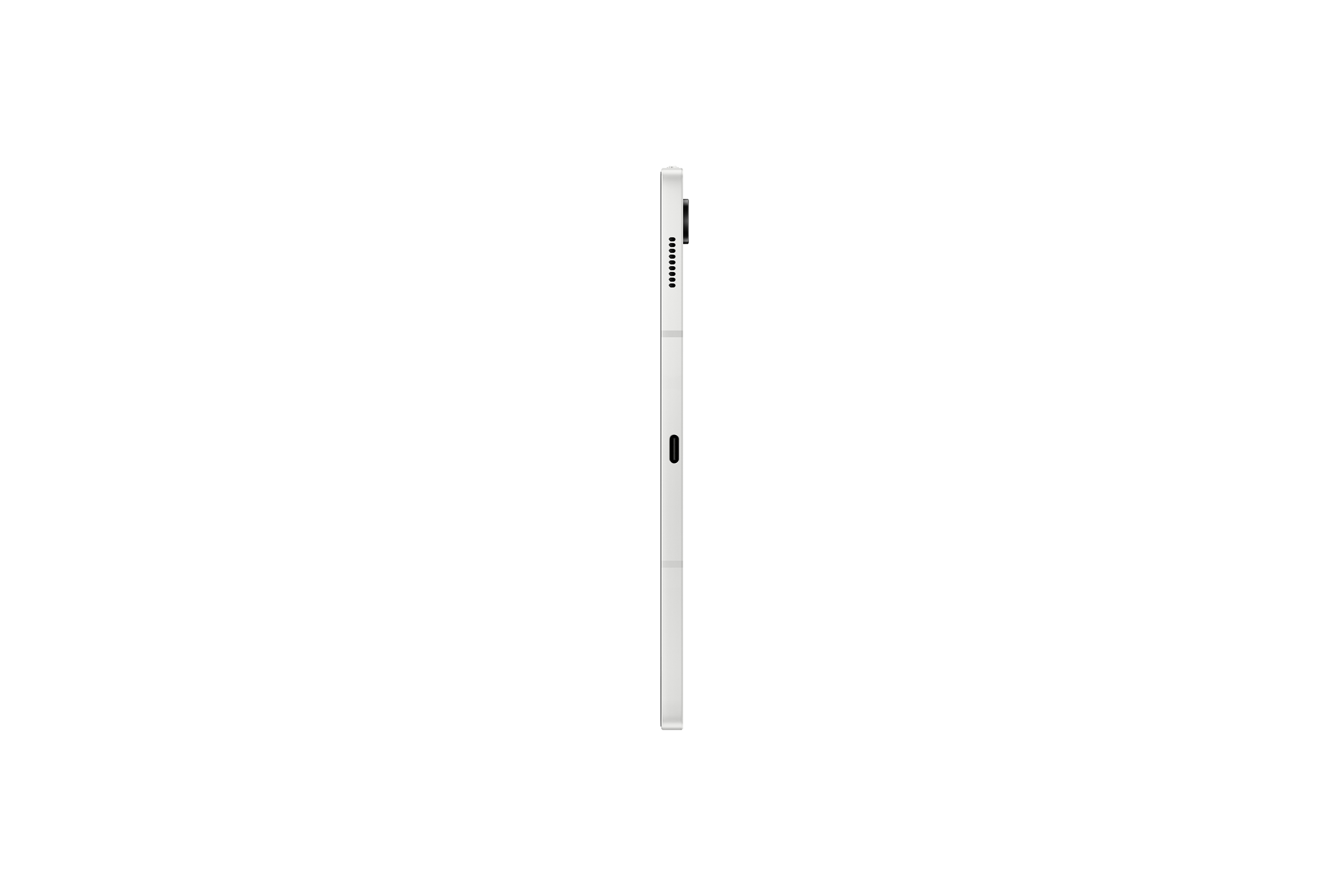 Un tablet bianco visto di lato, che mostra un pulsante di accensione e un altoparlante.