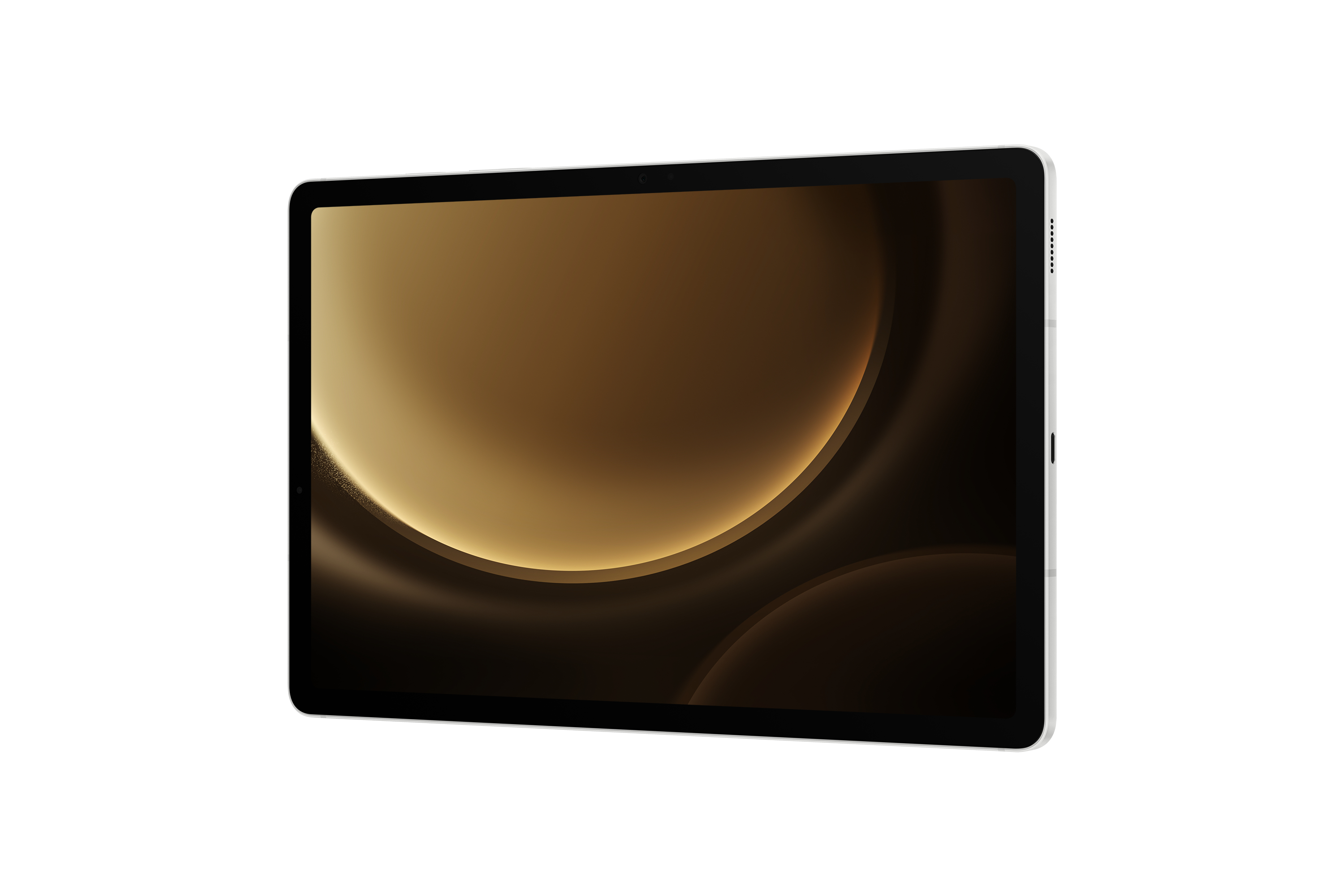 Schermo del tablet che mostra un design astratto scuro e dorato. Ha una cornice sottile argentata.
