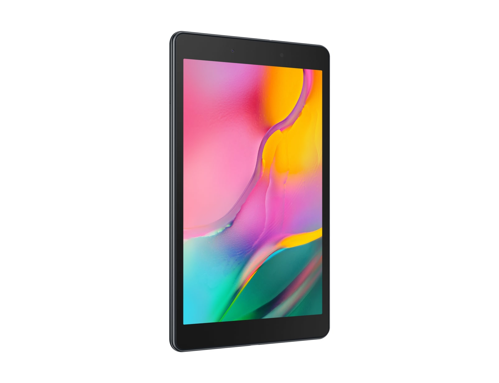 Schwarzes Tablet mit farbenfrohem Bildschirm, abgewinkelt.