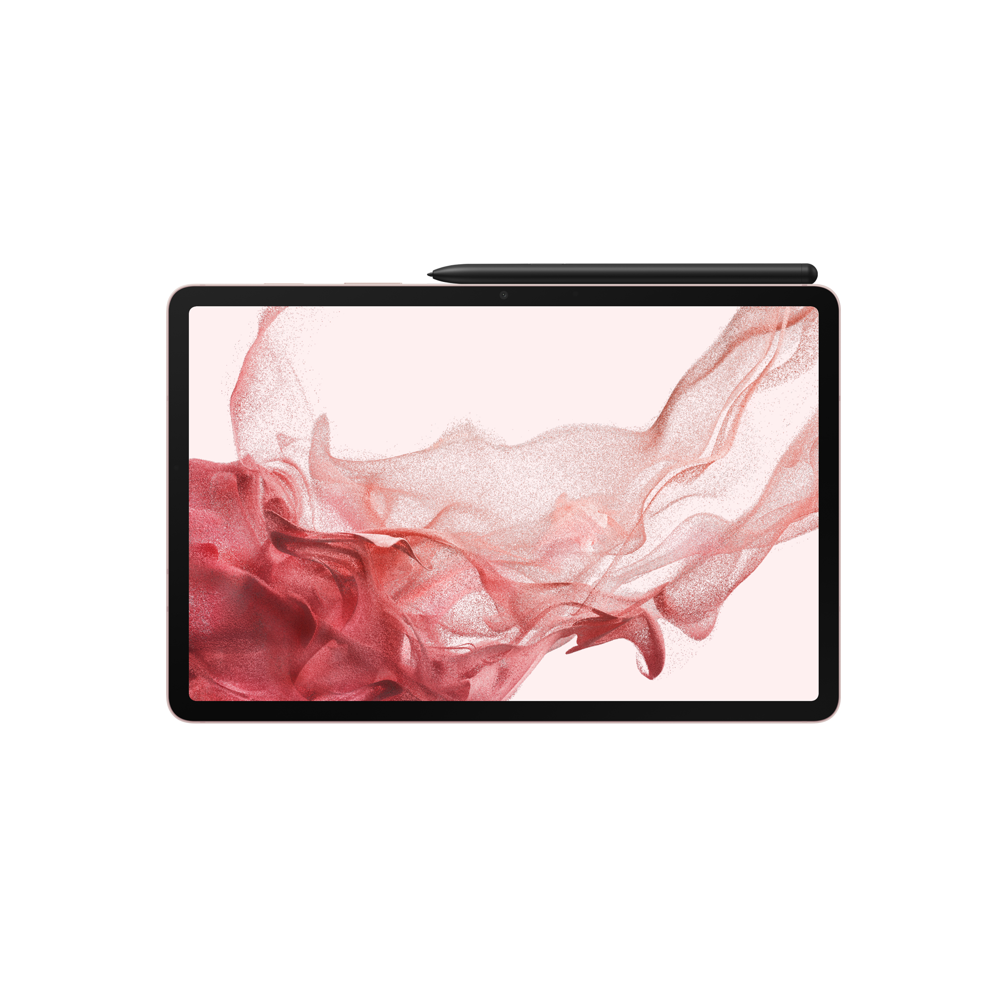 Tablet mit rosa Bildschirm, schwarzer Stift oben. Schwarzer Rahmen, weißer Hintergrund.