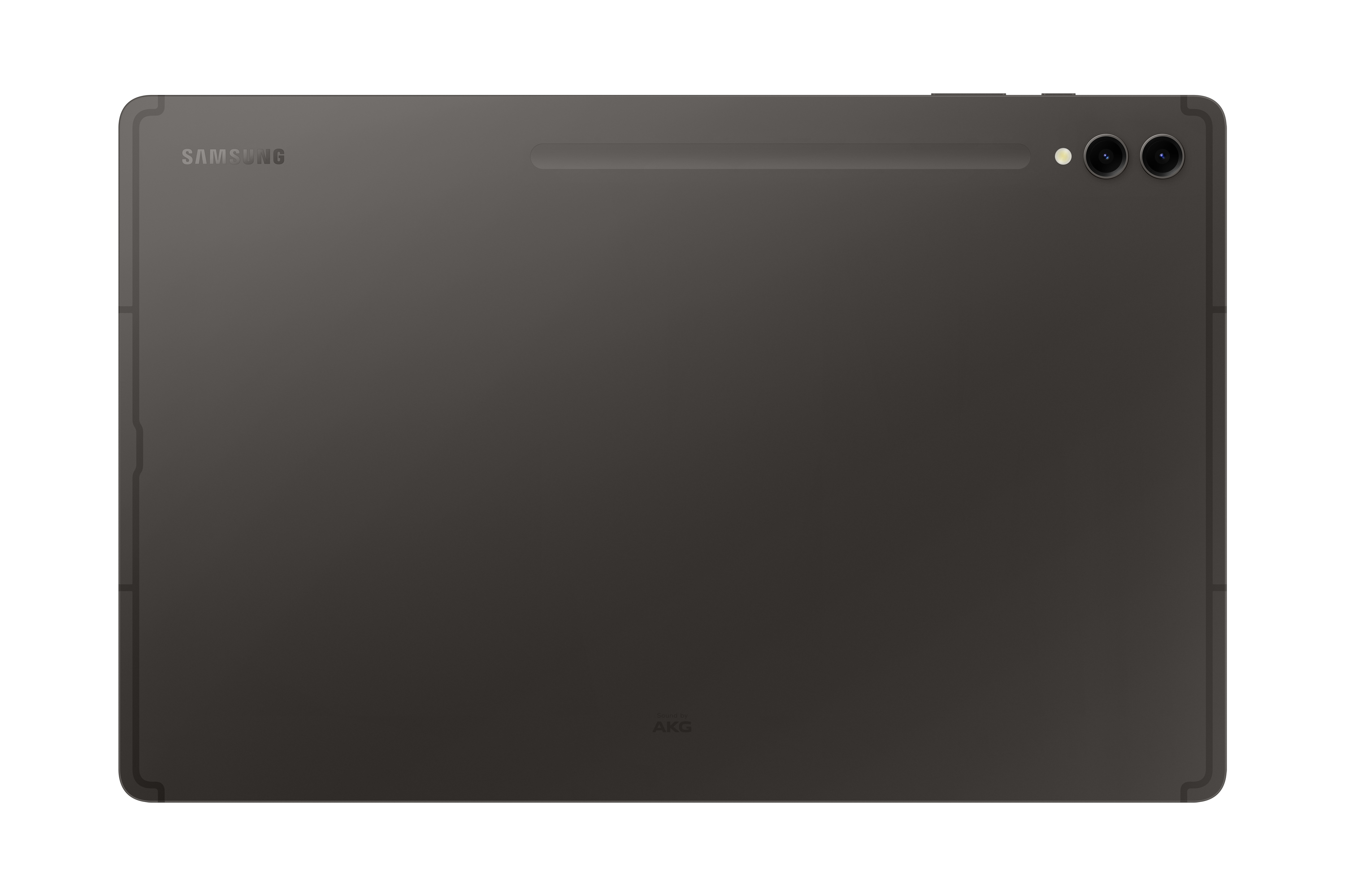 Rückseite eines grauen Tablets. Samsung-Logo oben, AKG-Logo unten. Zwei Kameralinsen auf der rechten Seite.