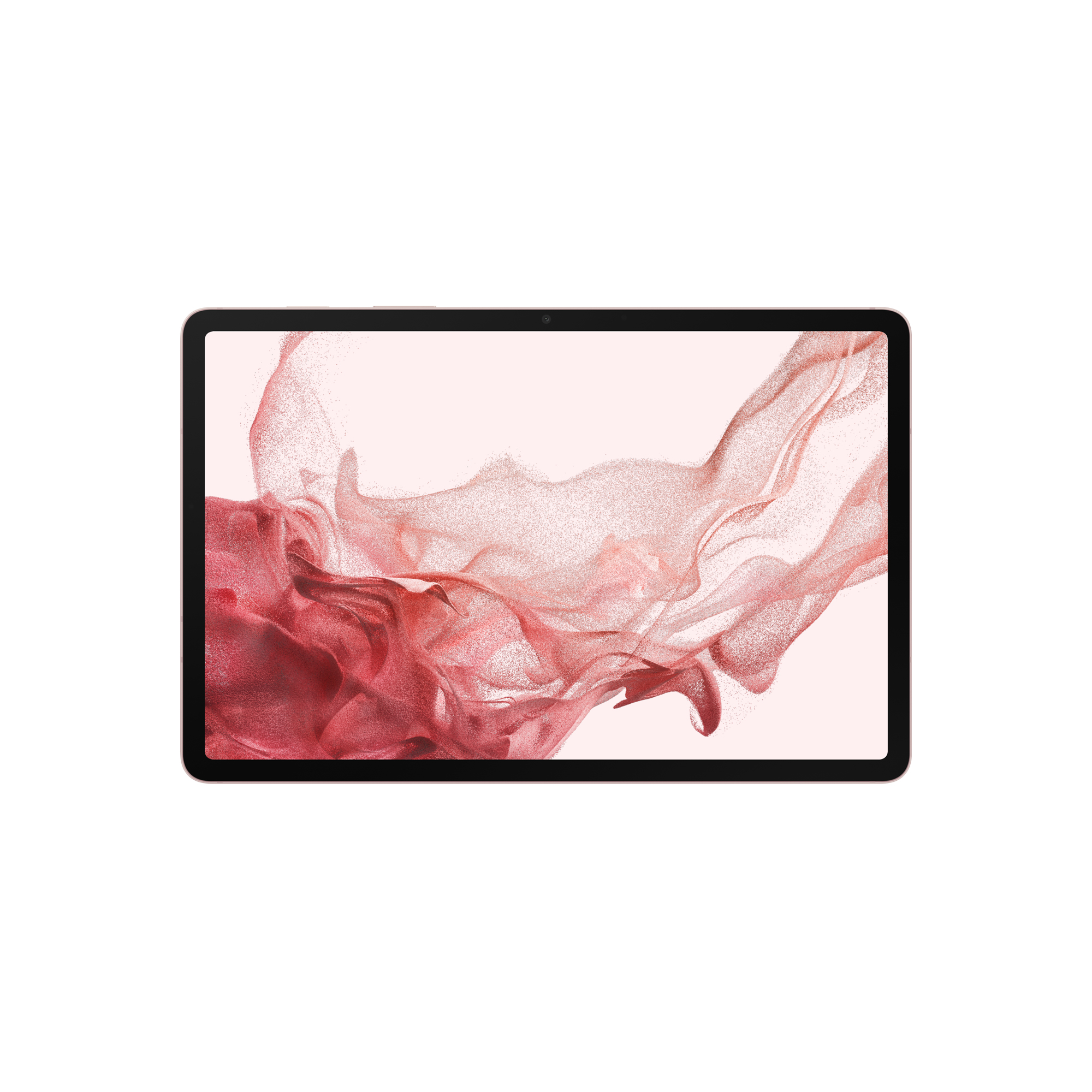 Tablet mit rosa und roten abstrakten Formen auf dem Bildschirm, auf weißem Hintergrund.