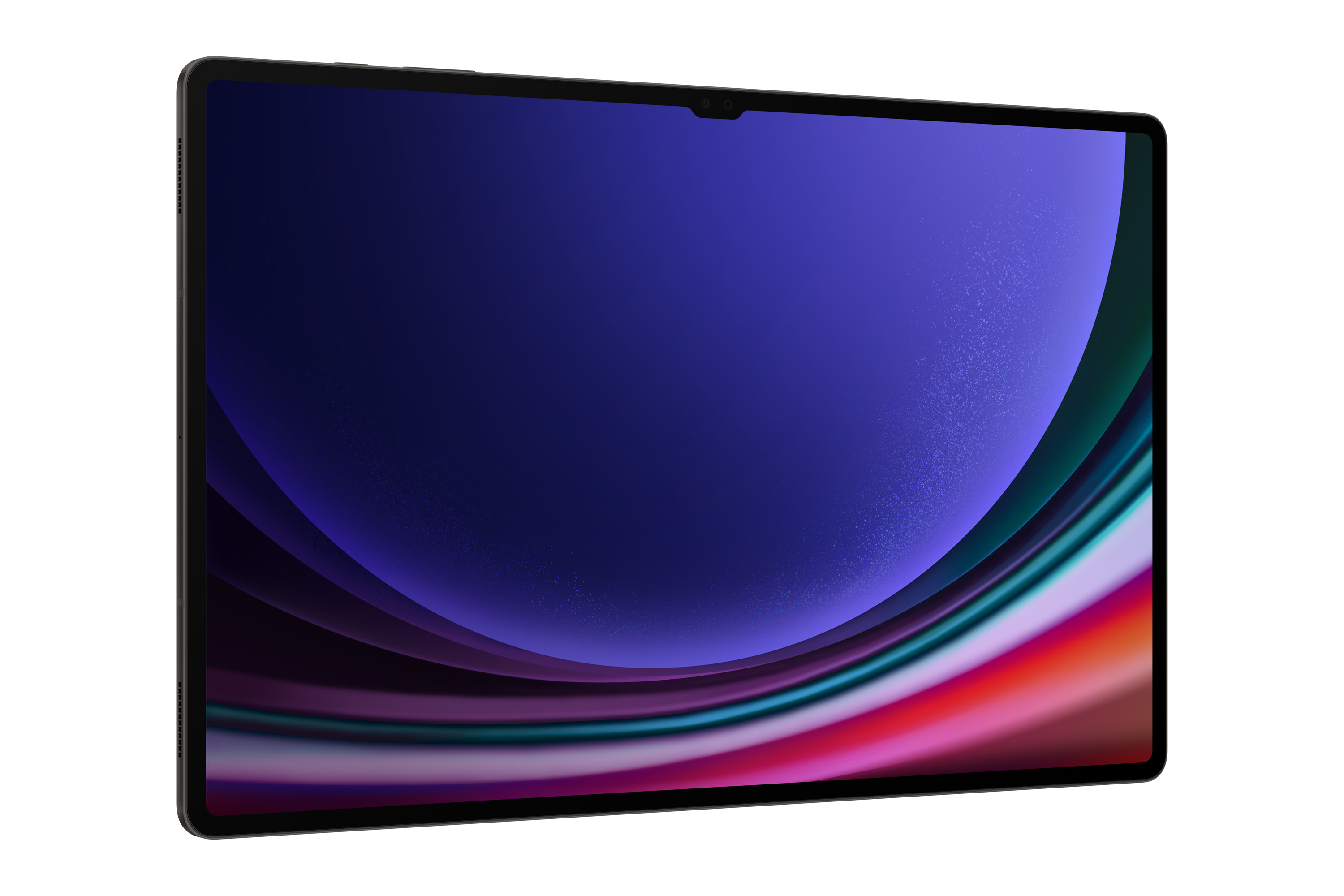 Ein Samsung-Tablet, angewinkelt, mit einem lebendigen, farbenfrohen Bildschirm. Weißer Hintergrund.