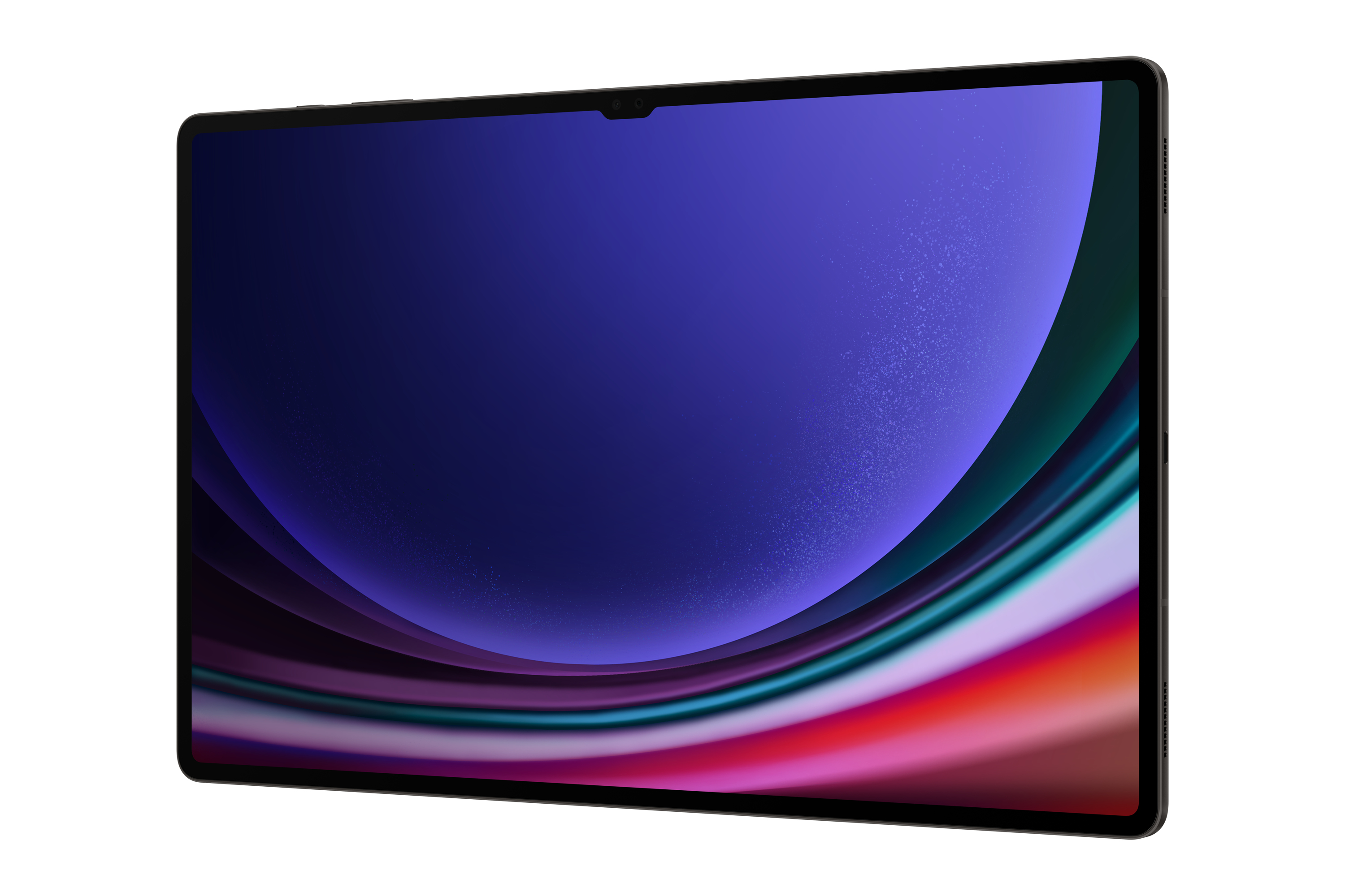 Tablet mit buntem, abstraktem Hintergrund, schwarzer Rahmen, weißer Hintergrund.