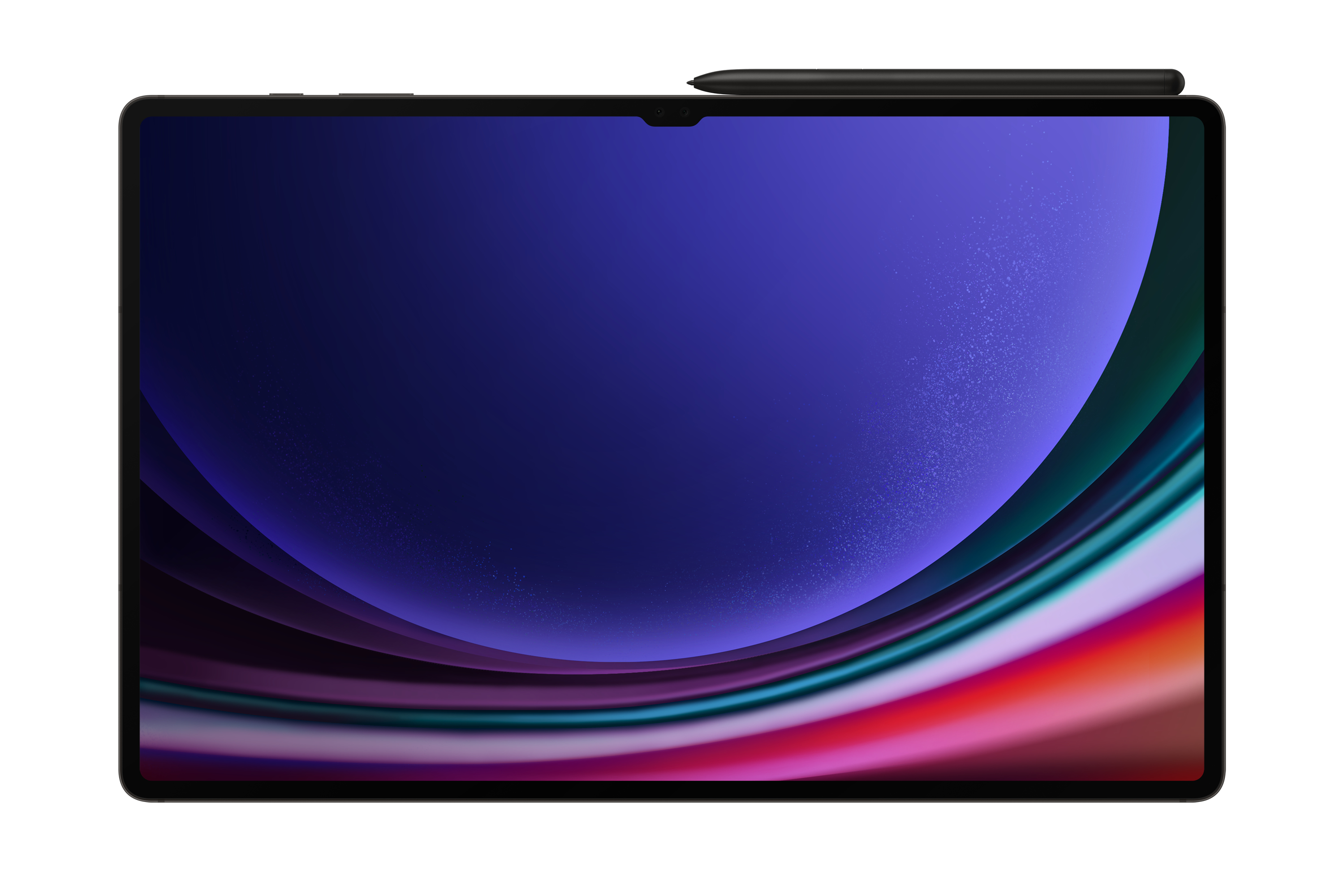 Tablet mit Stift, abstraktem Hintergrund, schwarzer Rahmen, weißer Hintergrund.