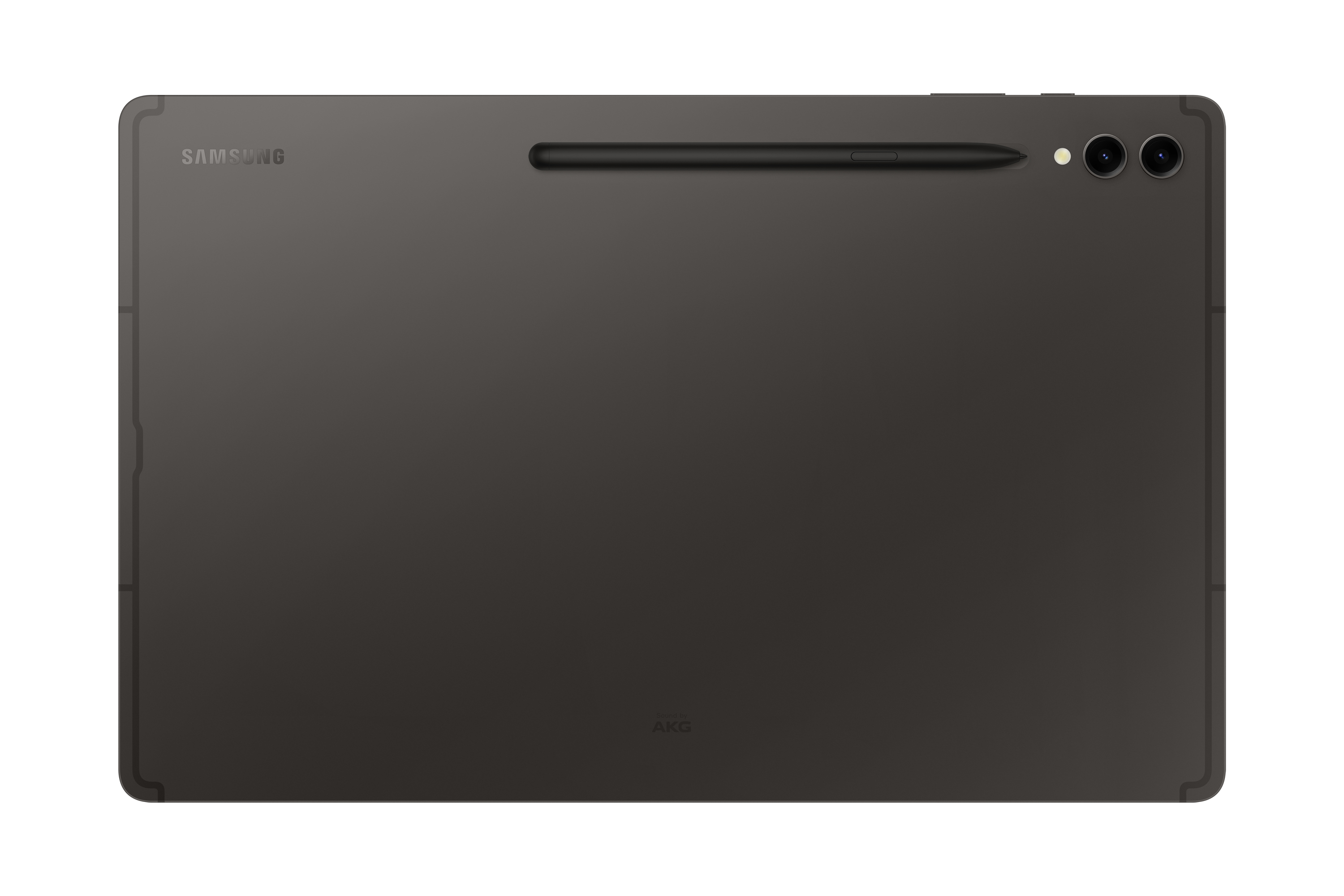 Die Rückseite eines grauen Tablets mit Stift und Kameras auf weißem Grund.