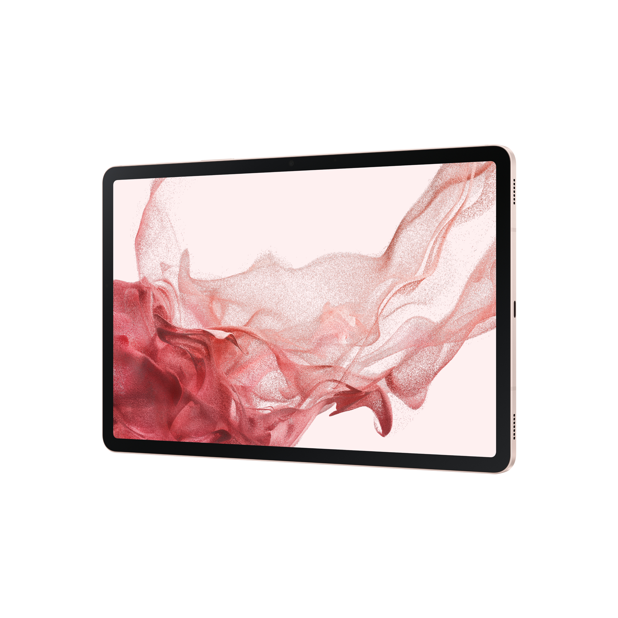 Tablet mit einem rosa abstrakten Hintergrund, aus einem Winkel betrachtet.