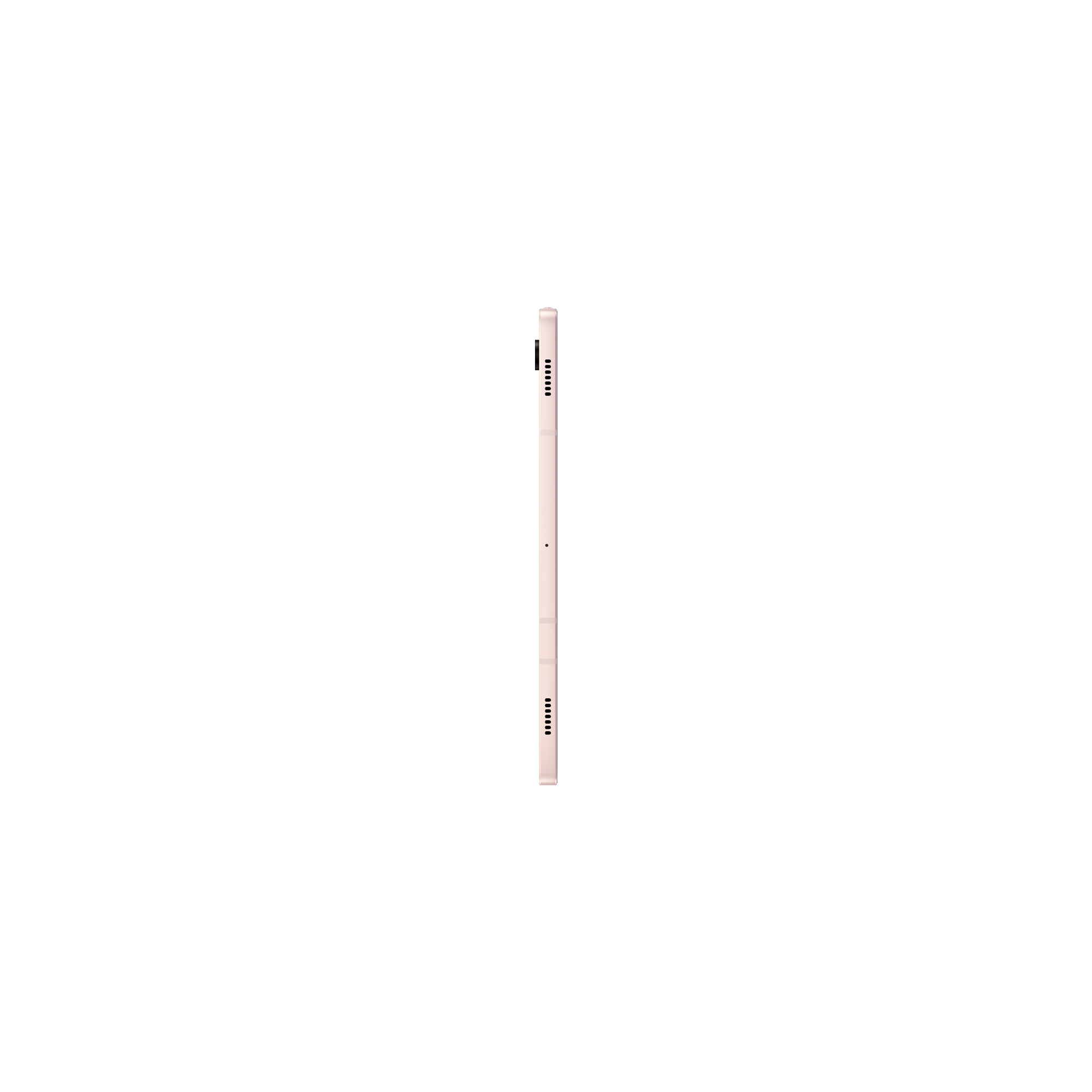Seitenansicht eines rosafarbenen Tablets, zeigt die Kante, weißer Hintergrund.