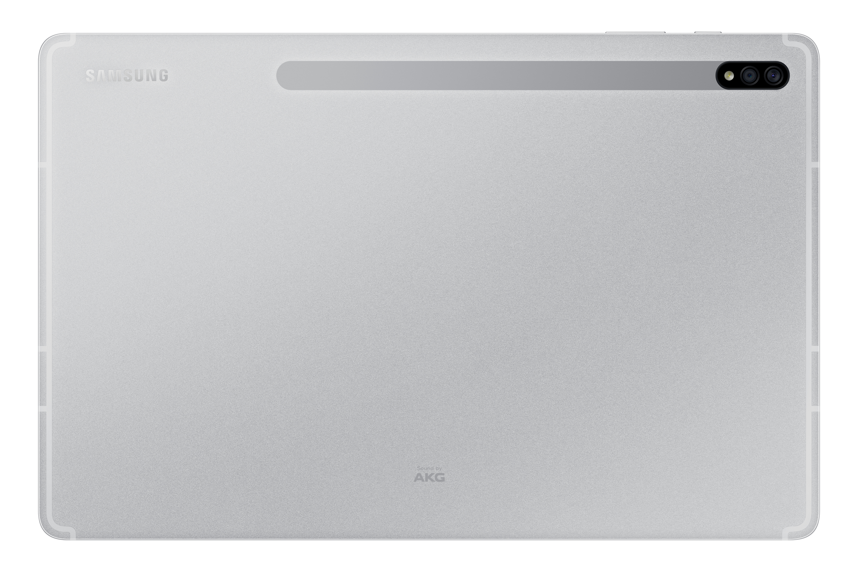 Rückseite eines silbernen Samsung-Tablets. Kamera und Samsung-Logo sichtbar. Weißer Hintergrund.