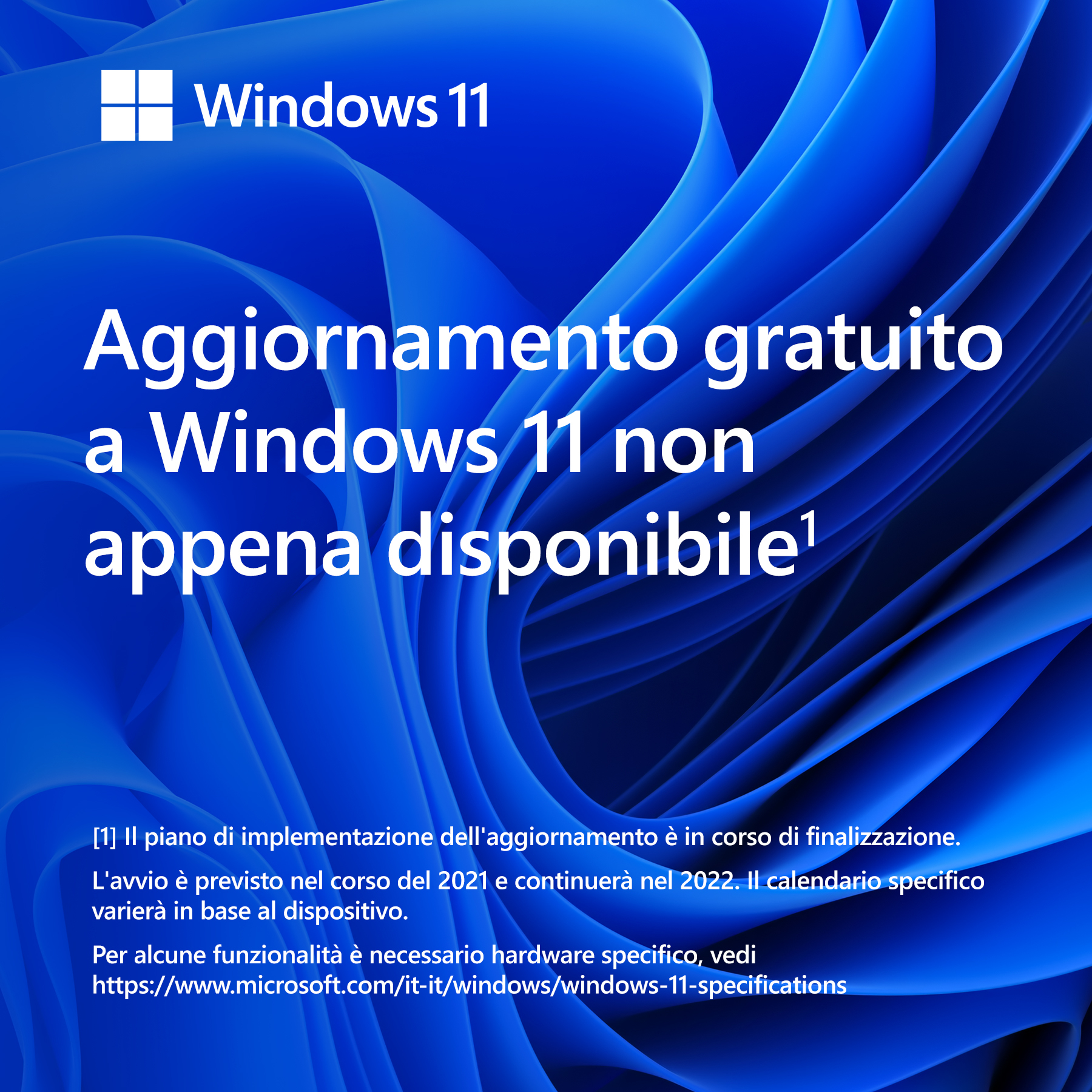 Anuncio de Windows 11. Fondo azul con líneas onduladas. Texto blanco: Actualización gratuita pronto.