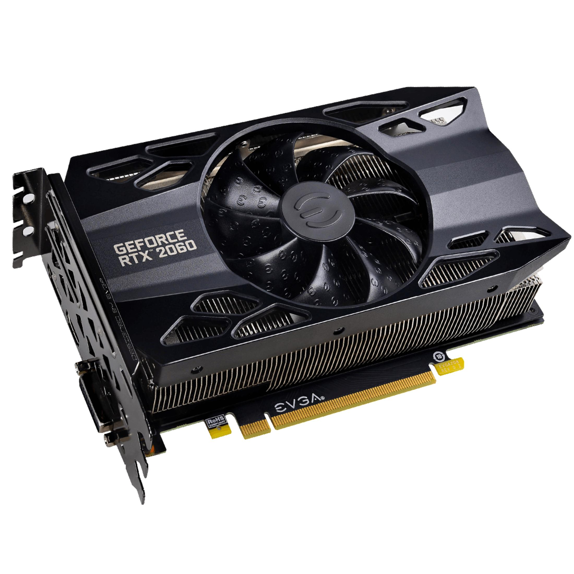 Una tarjeta gráfica negra con un ventilador y el logotipo de EVGA.