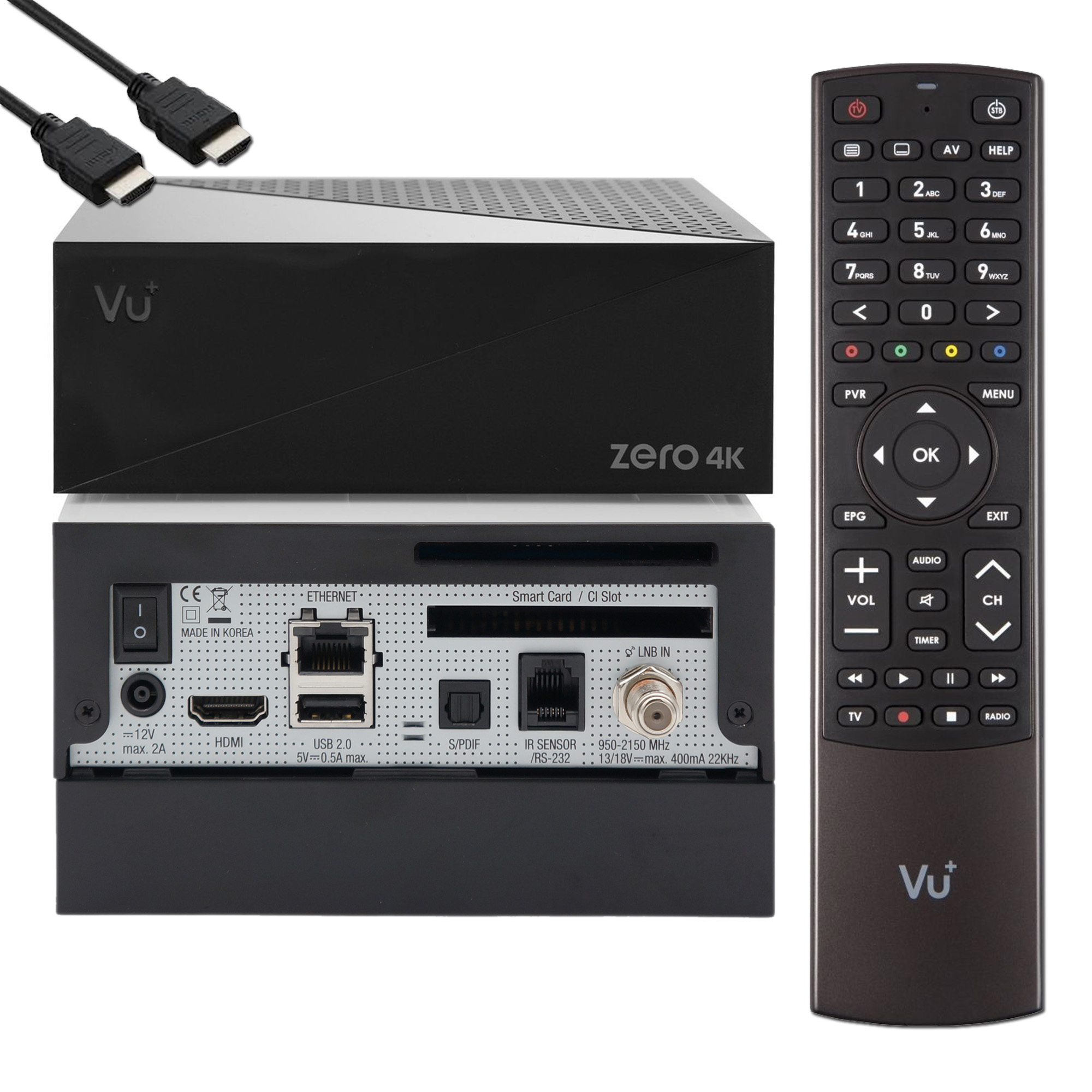 VU+ Zero 4K Receiver, mit zwei HDMI-Kabeln und einer Fernbedienung.
