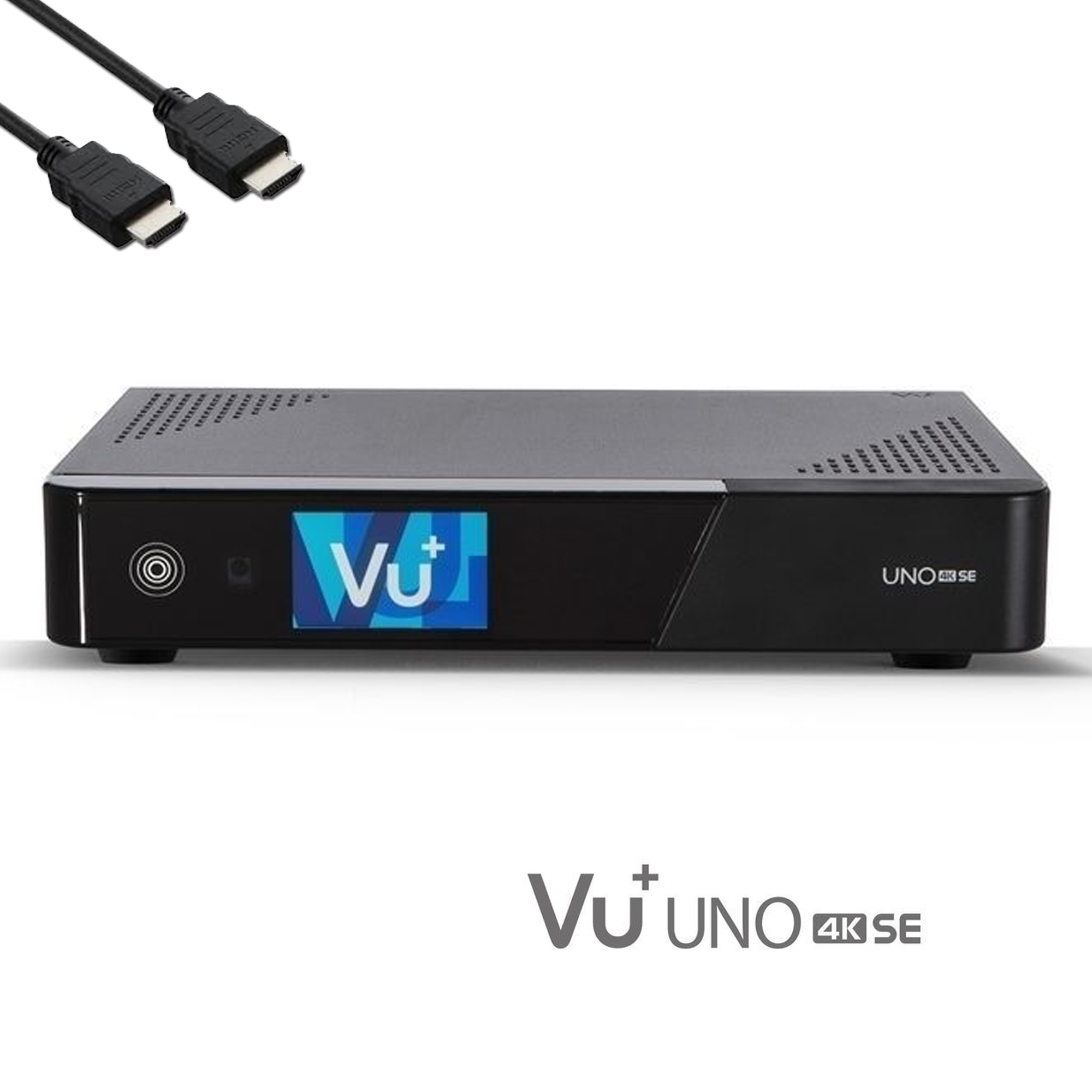Ein schwarzer Vu+ UNO 4K SE Receiver mit Kabeln. Das Vu+ Logo ist auf der Vorderseite.