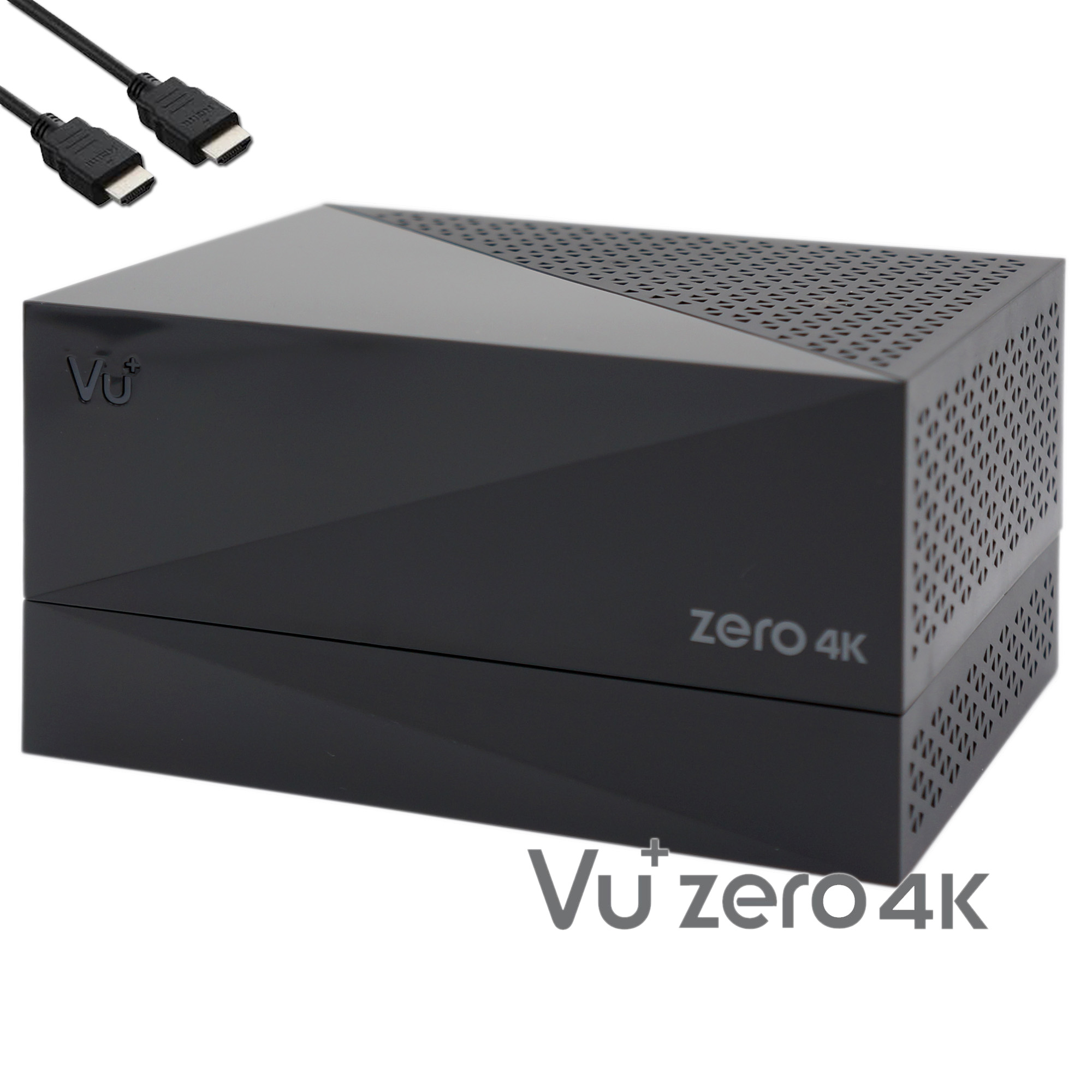 Schwarzes Vu+ zero 4K Gerät mit zwei HDMI-Kabeln. Das Logo ist sichtbar.