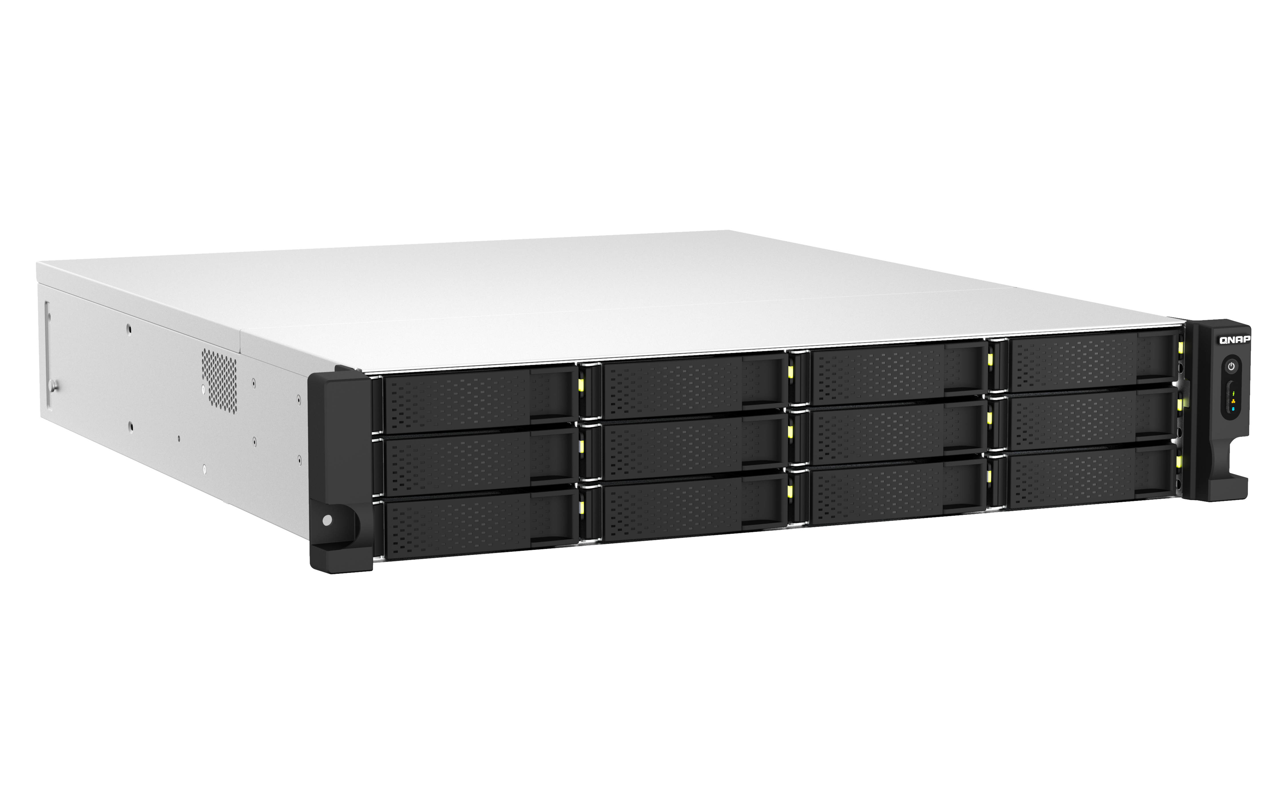 QNAP NAS-Server, 8 Laufwerksschächte, schwarz-weiß, Frontansicht, auf weißem Hintergrund.