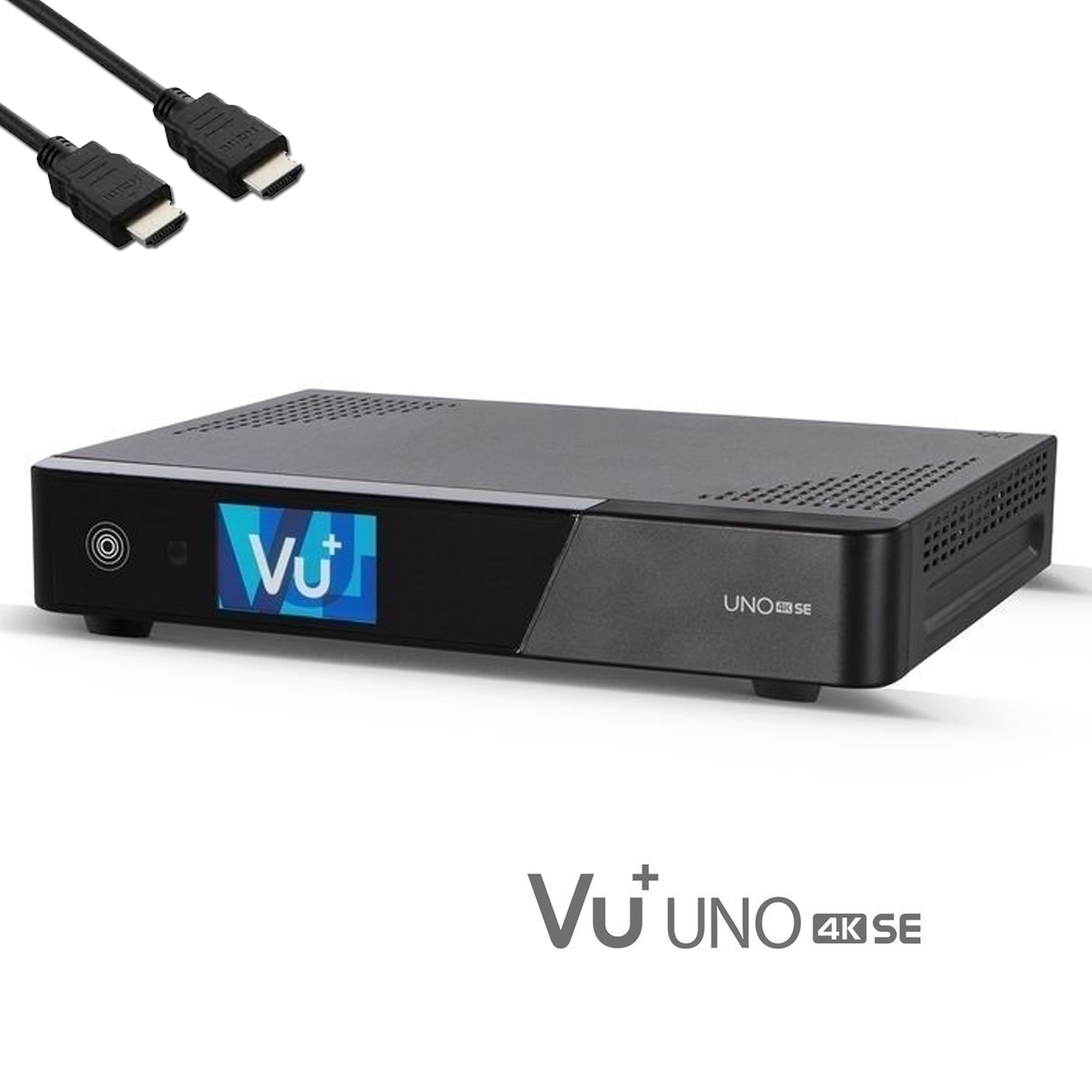 Schwarzer Vu+ Uno 4K SE Receiver mit Kabeln. Text Vu+ Uno 4K SE. Weißer Hintergrund.