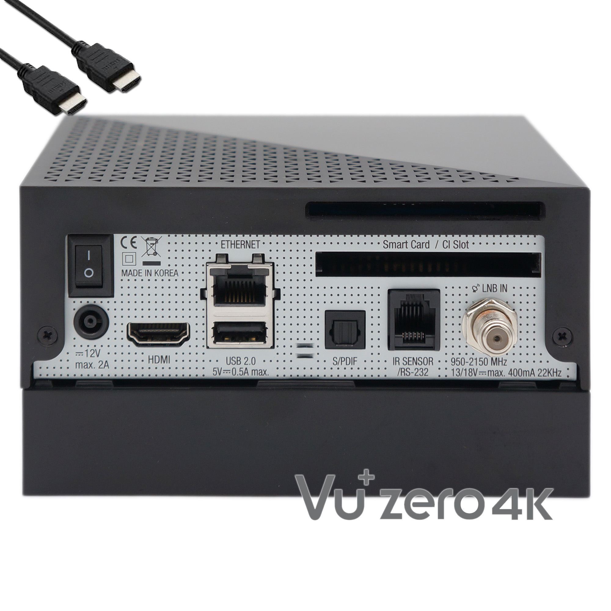 Rückseite des schwarzen Media Receivers mit Anschlüssen, Vu+ zero 4K Logo.