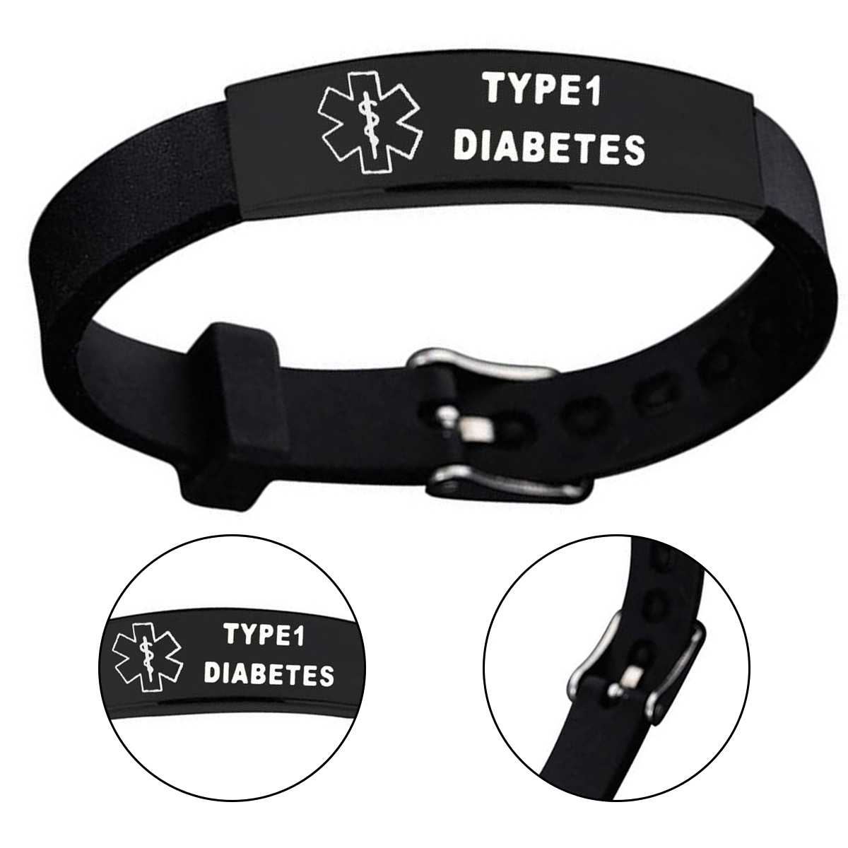 Schwarzes medizinisches ID-Armband mit Text 'TYP 1 DIABETES'. Nahaufnahmedetails.