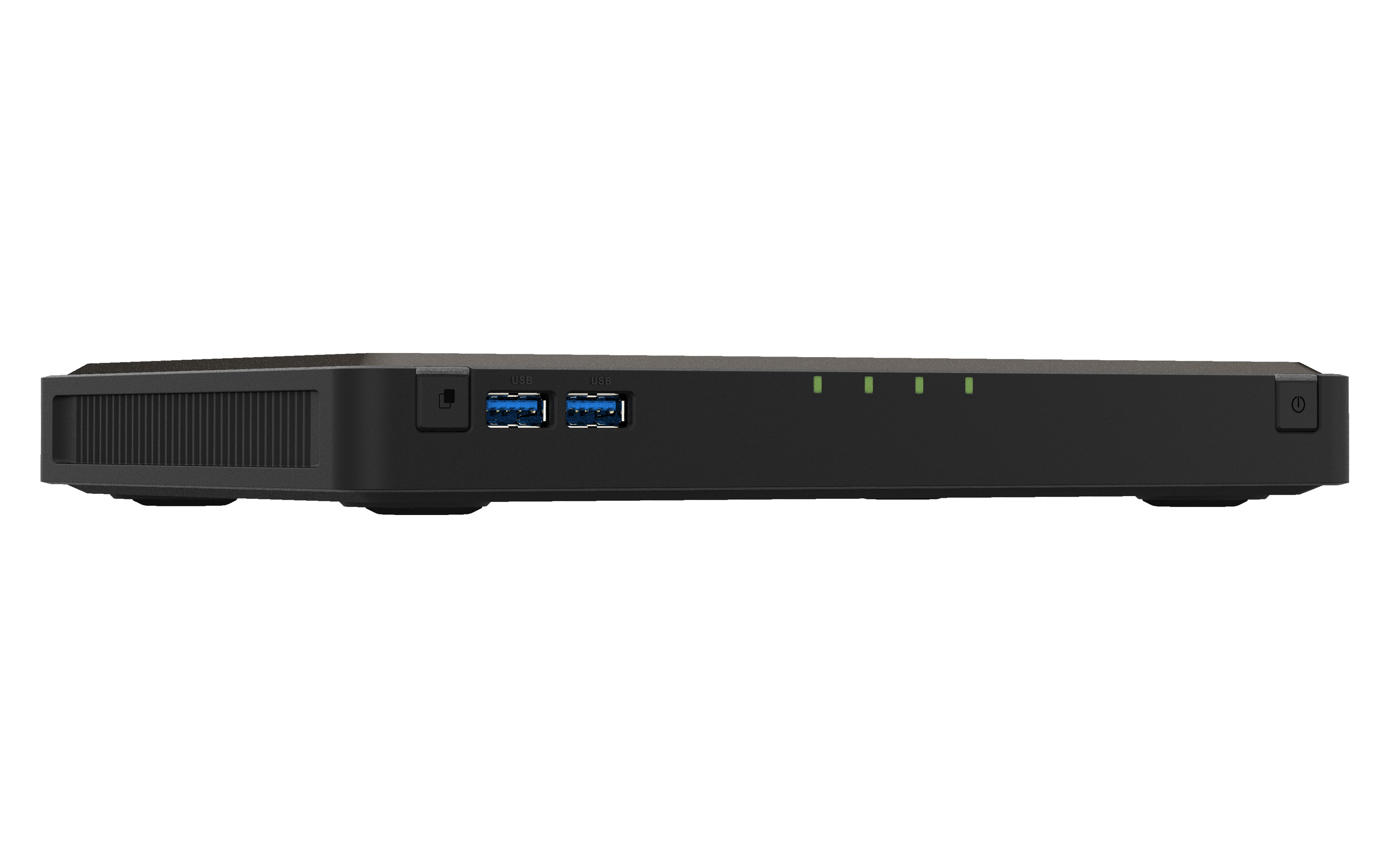 Schwarzer Server mit Anschlüssen und Lichtern. Vorderansicht, weißer Hintergrund. Anschlüsse vorne.