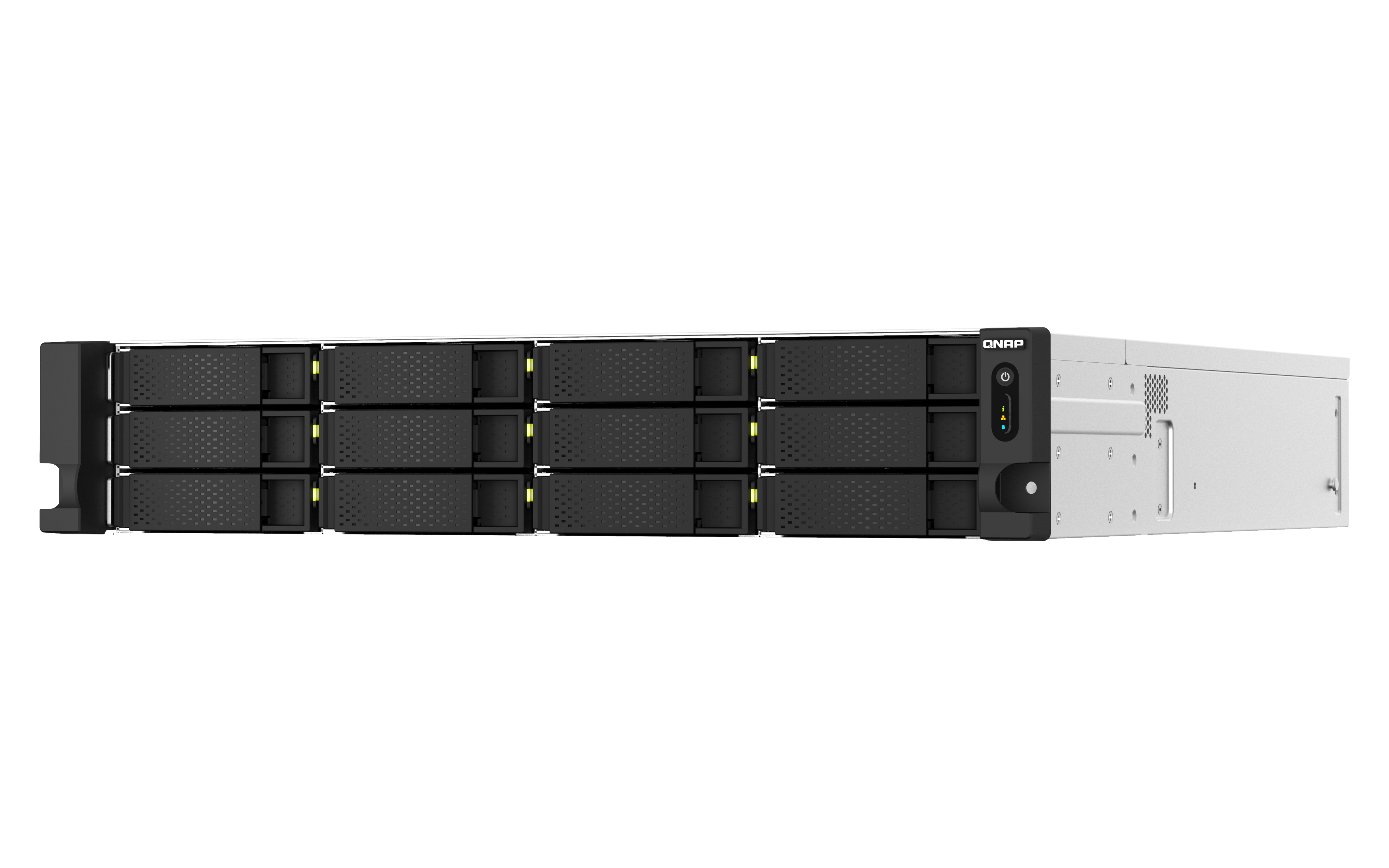 Ein schwarz-grauer Server mit vielen Steckplätzen auf weißem Hintergrund.