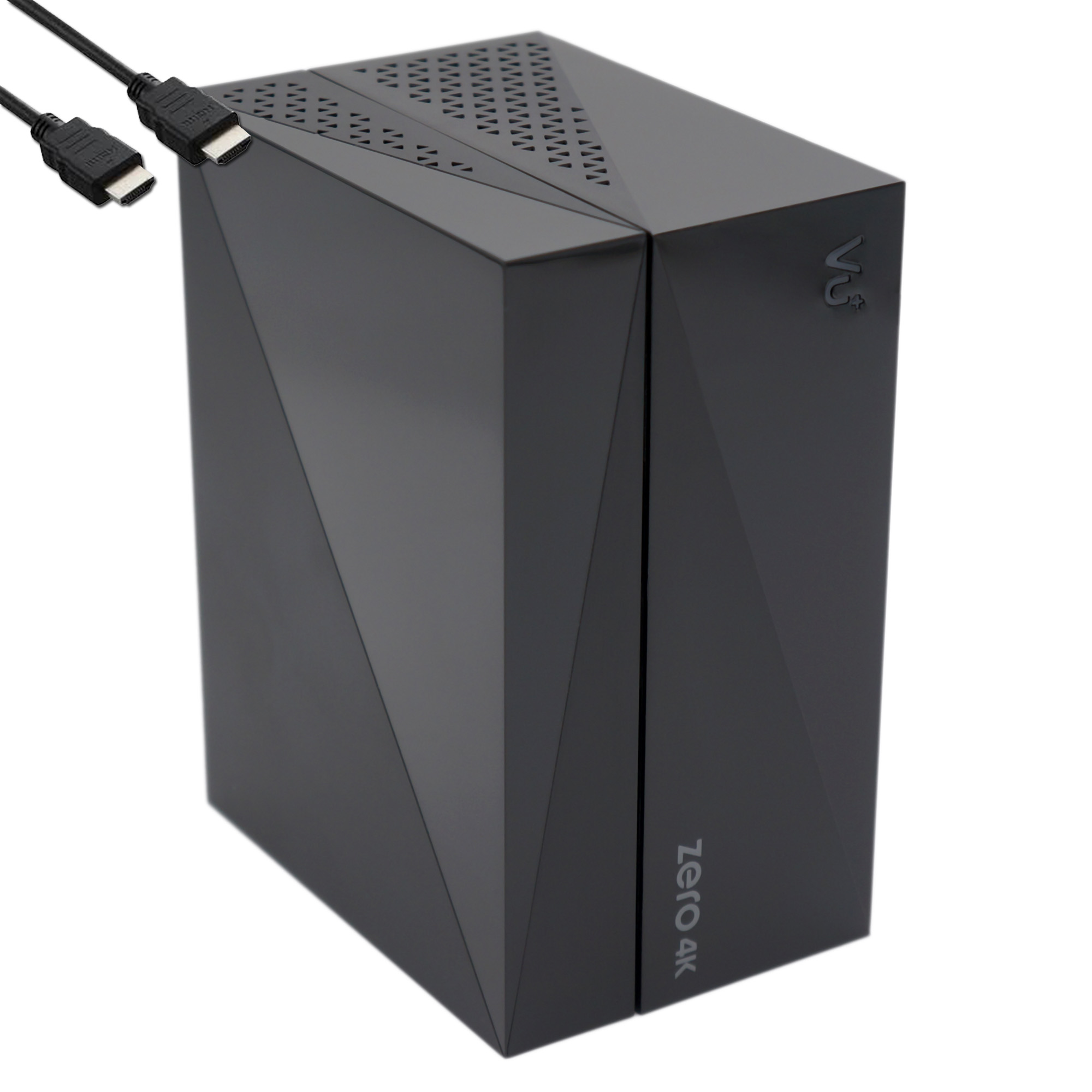 Schwarze Vu+ Zero 4K Box mit HDMI-Kabeln, schräge Ansicht auf weißem Hintergrund.