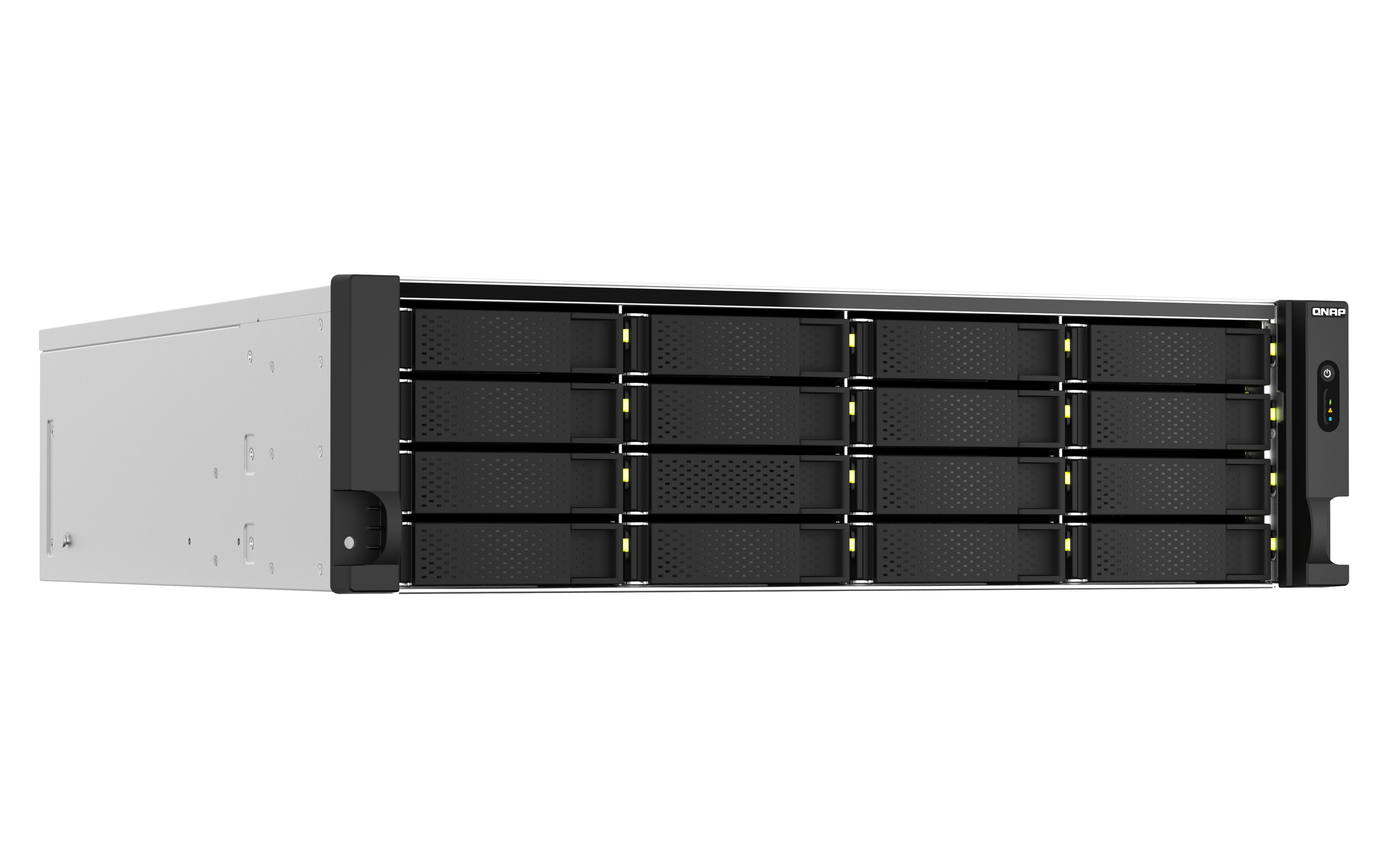 QNAP NAS-Server, 12 Laufwerksschächte, schwarz-weiß, Frontansicht, auf weißem Hintergrund.
