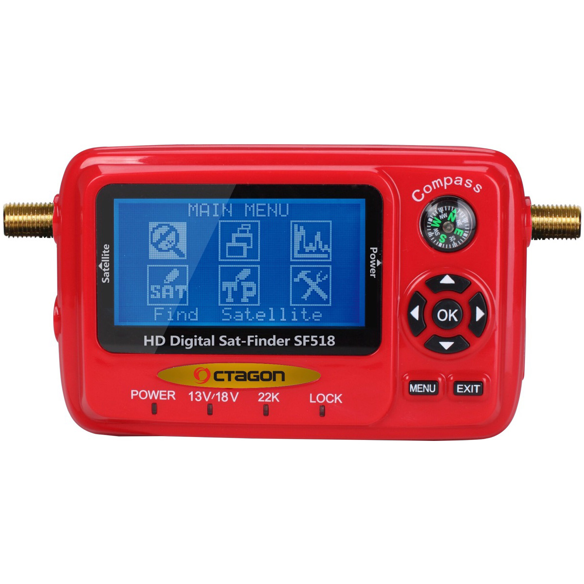 Ein roter Satellitenfinder mit Bildschirm und Knöpfen.