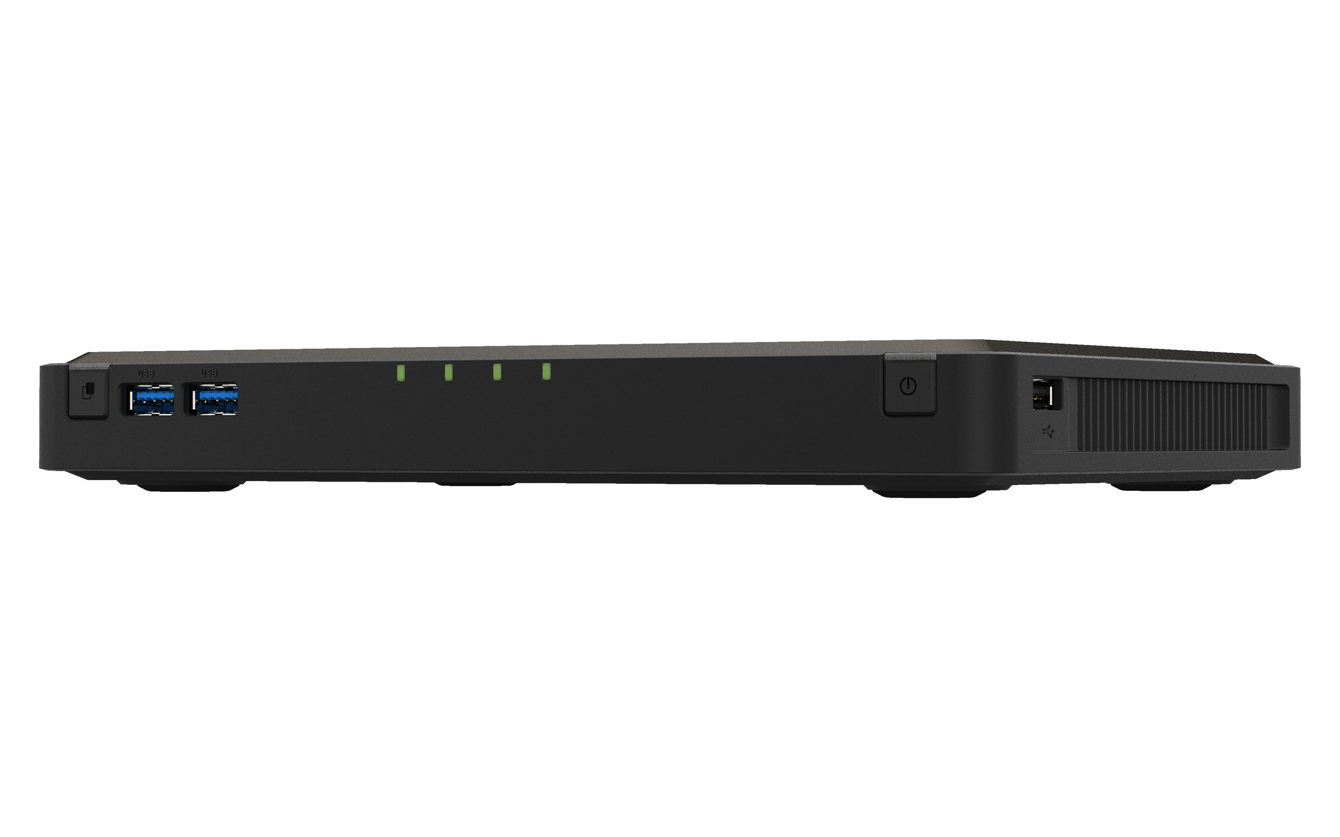 Schwarzes Netzwerkgerät mit USB-Anschlüssen und Ein-/Aus-Taste. Weißer Hintergrund.