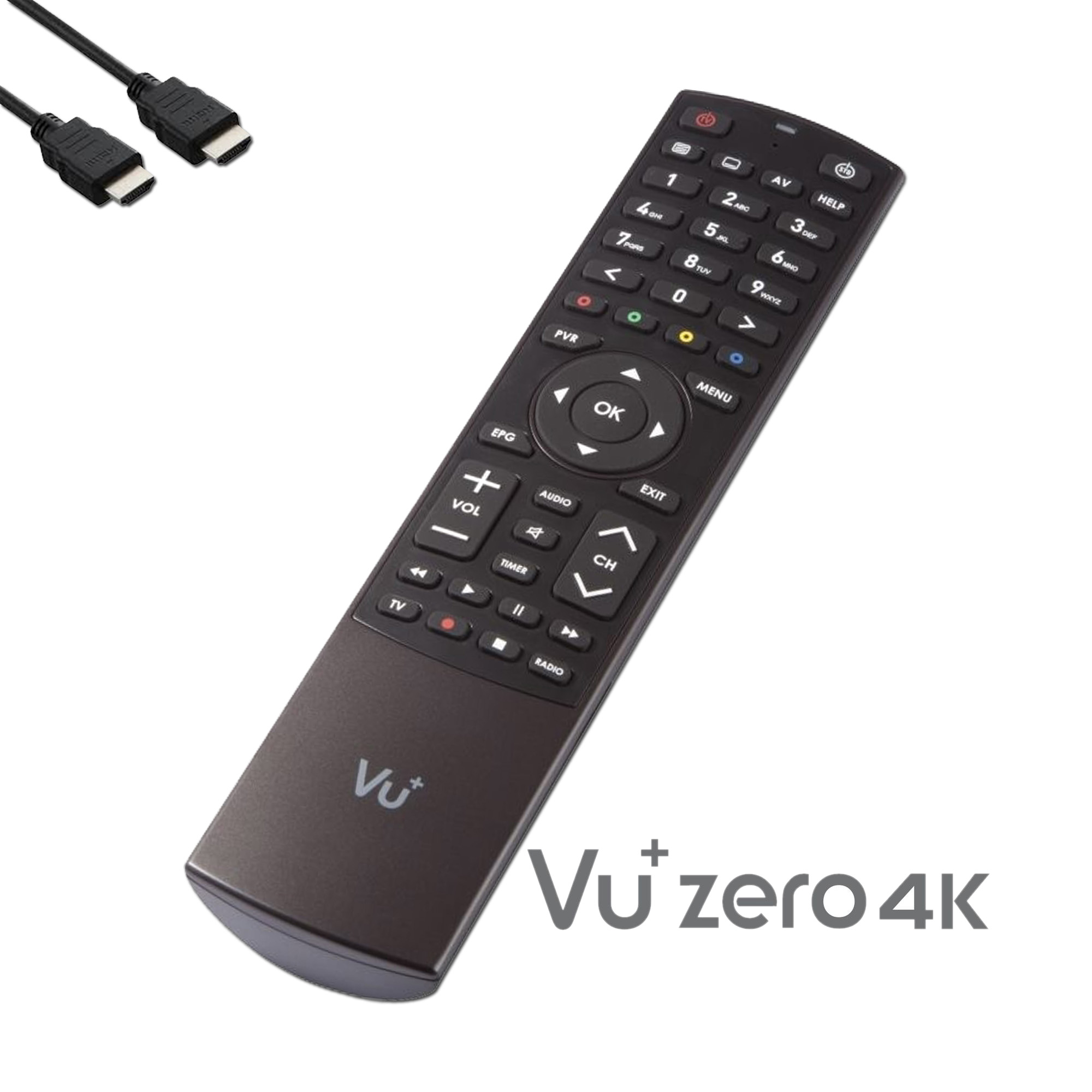 Schwarze Fernbedienung für Vu+ Zero 4K. HDMI-Kabel liegen über der Fernbedienung. Weißer Hintergrund.