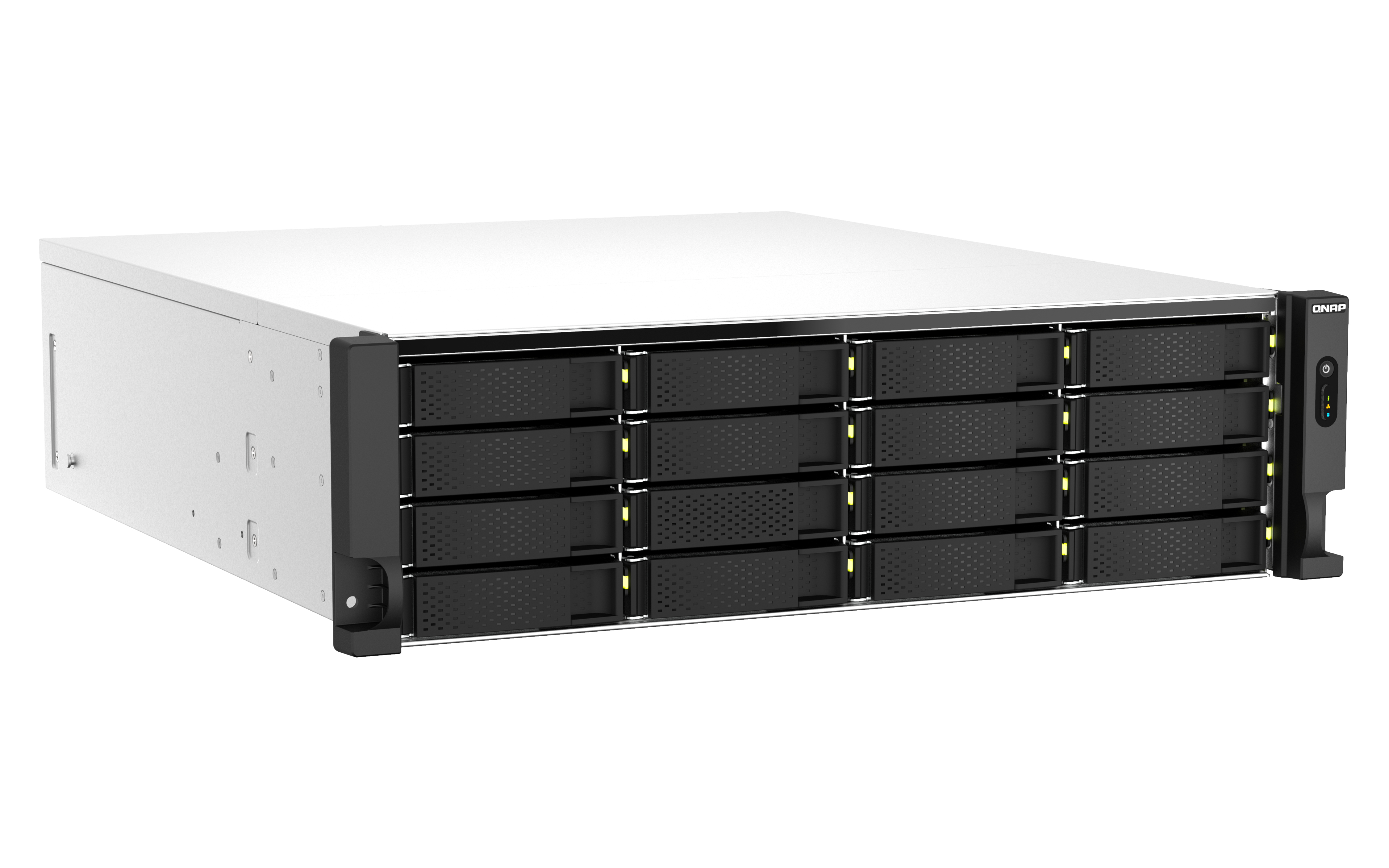 QNAP NAS-Server, 12 Laufwerksschächte, schwarz-weiß, Frontansicht, auf weißem Hintergrund.