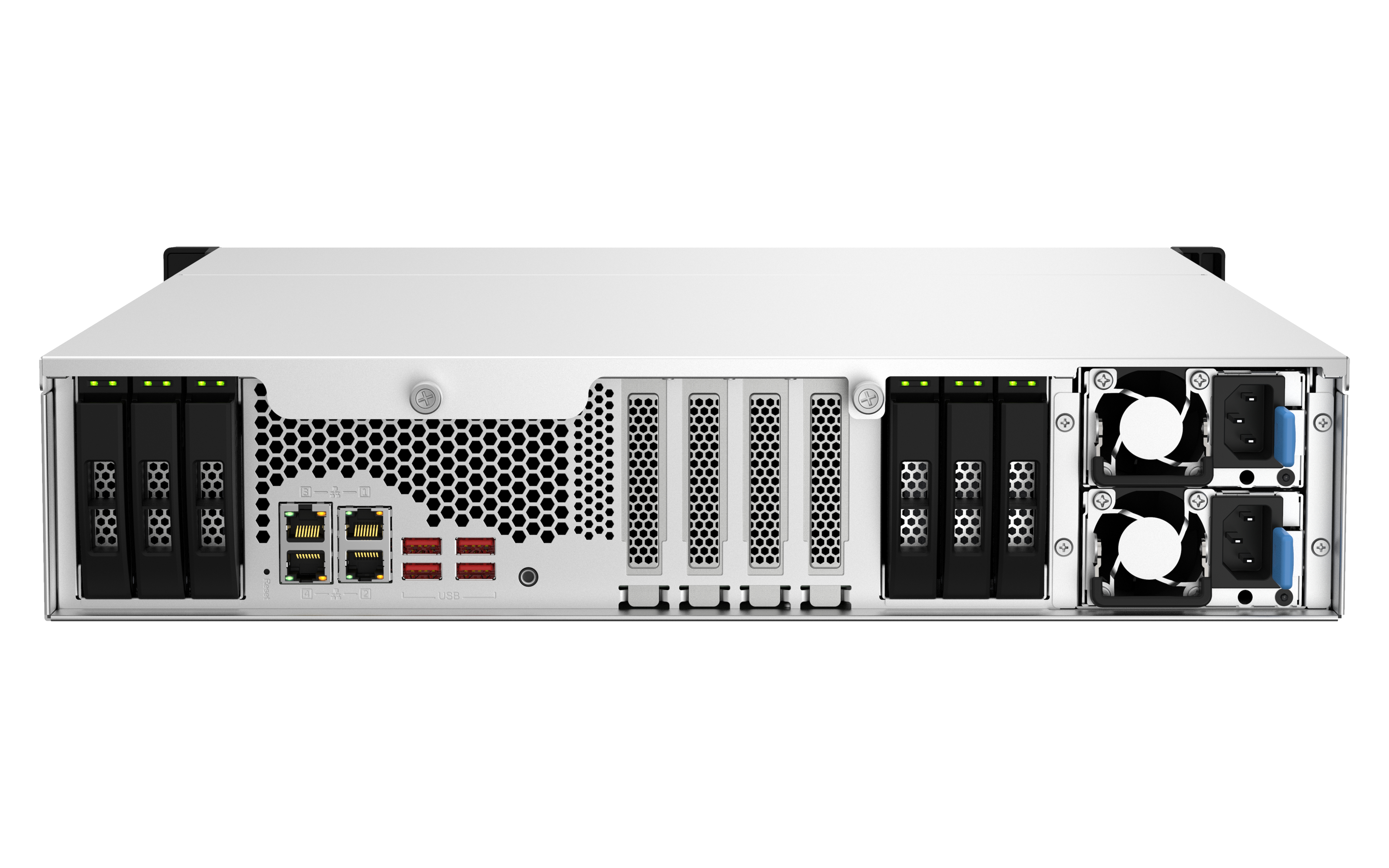 Die Rückseite eines Servers mit verschiedenen Anschlüssen, Lüftern und Laufwerksschächten vor weißem Hintergrund.