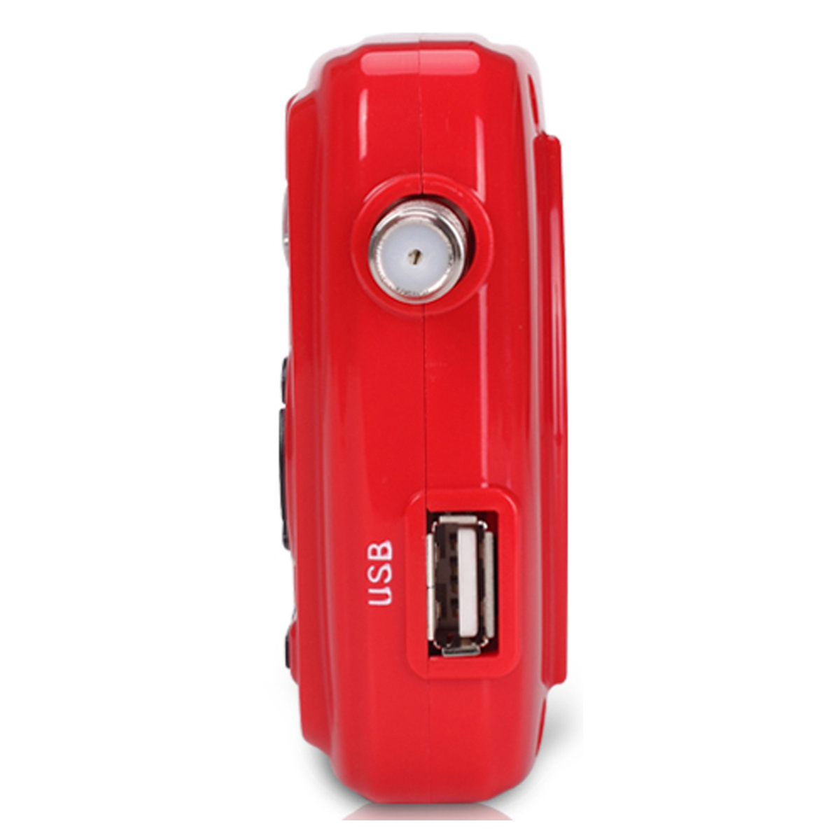 Rotes elektronisches Gerät mit USB-Anschluss, Antennenanschluss und Knöpfen an der Seite.