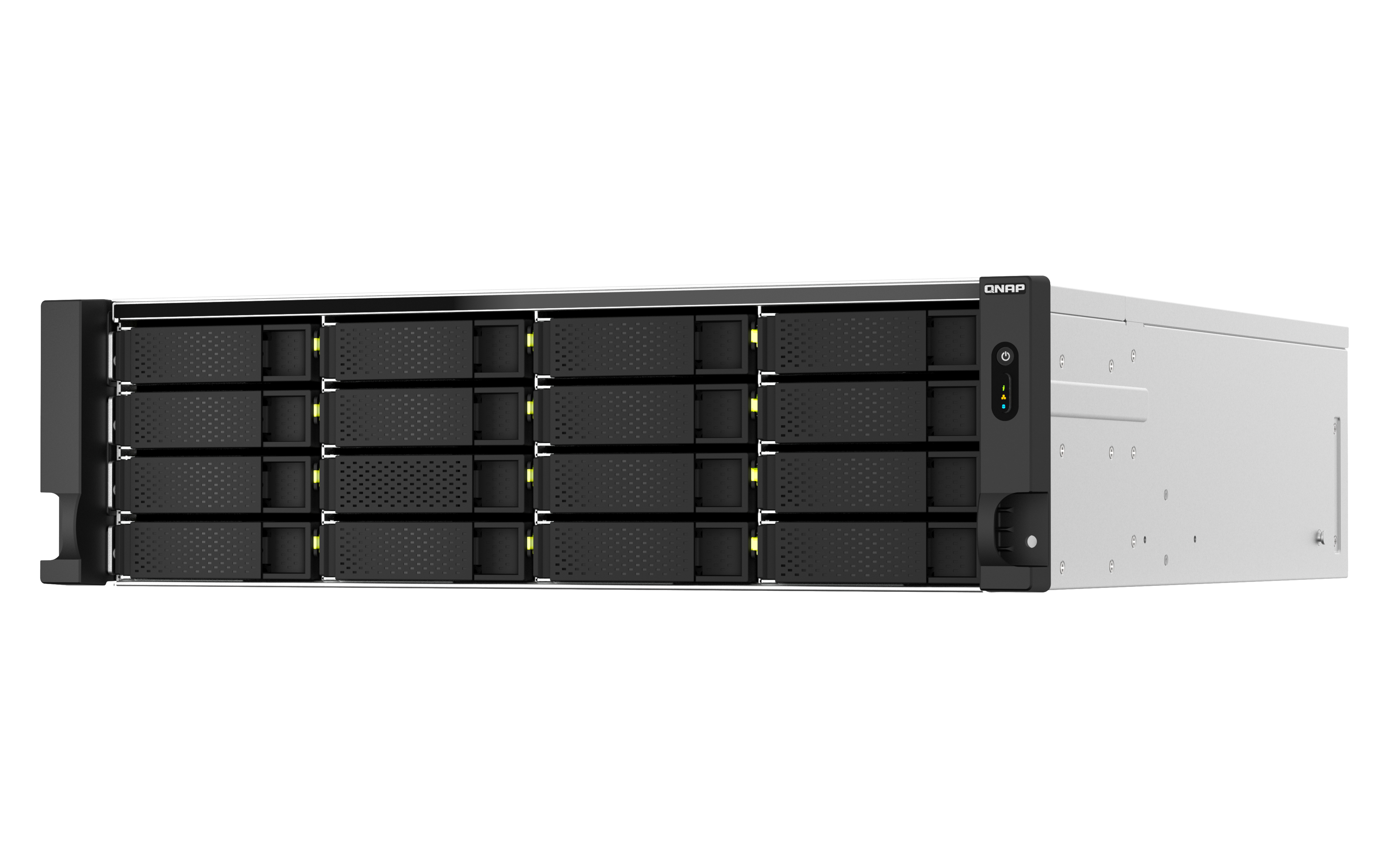 QNAP NAS-Server, 16 Laufwerksschächte, schwarz-weiß, Frontansicht, auf weißem Hintergrund.