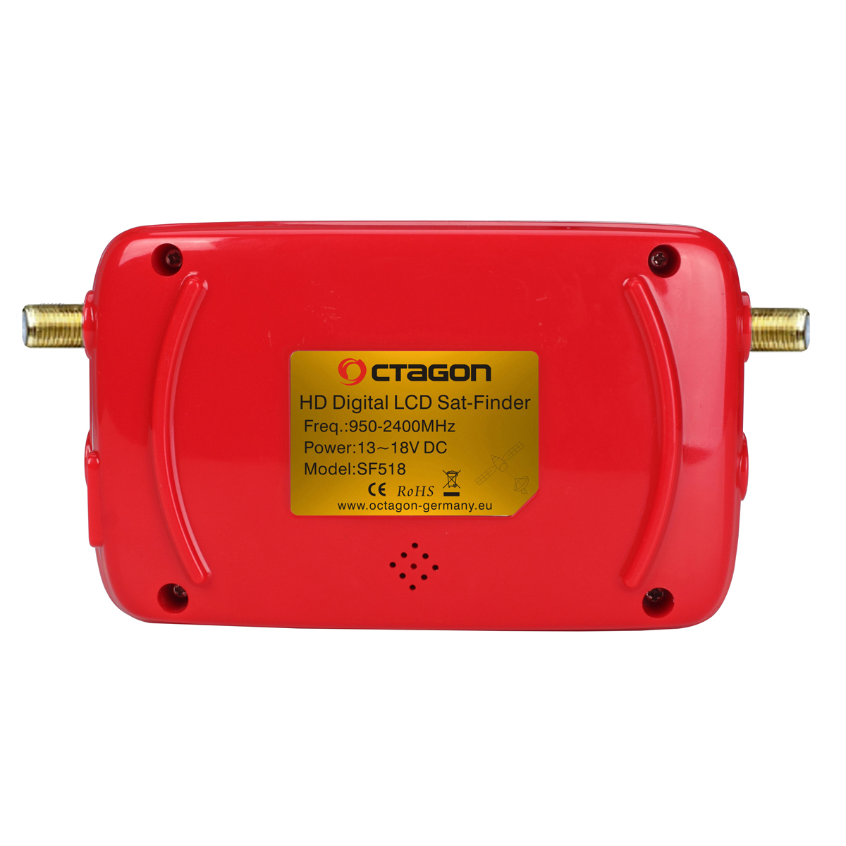 Roter Octagon HD Digital LCD Sat-Finder mit goldenen Anschlüssen und gelbem Etikett.