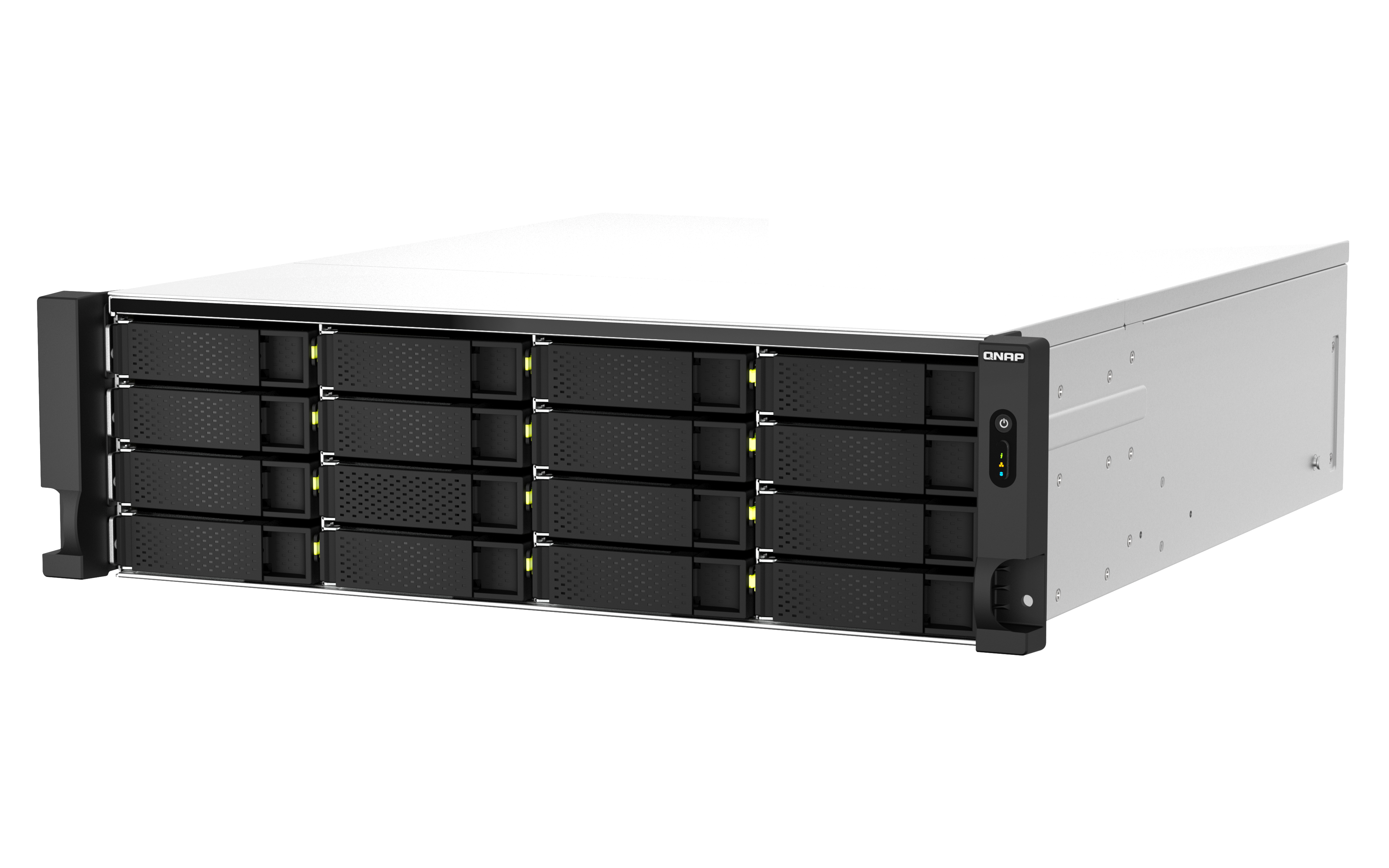 QNAP NAS-Server, 16 Laufwerksschächte, schwarz-weiß, Frontansicht, auf weißem Hintergrund.