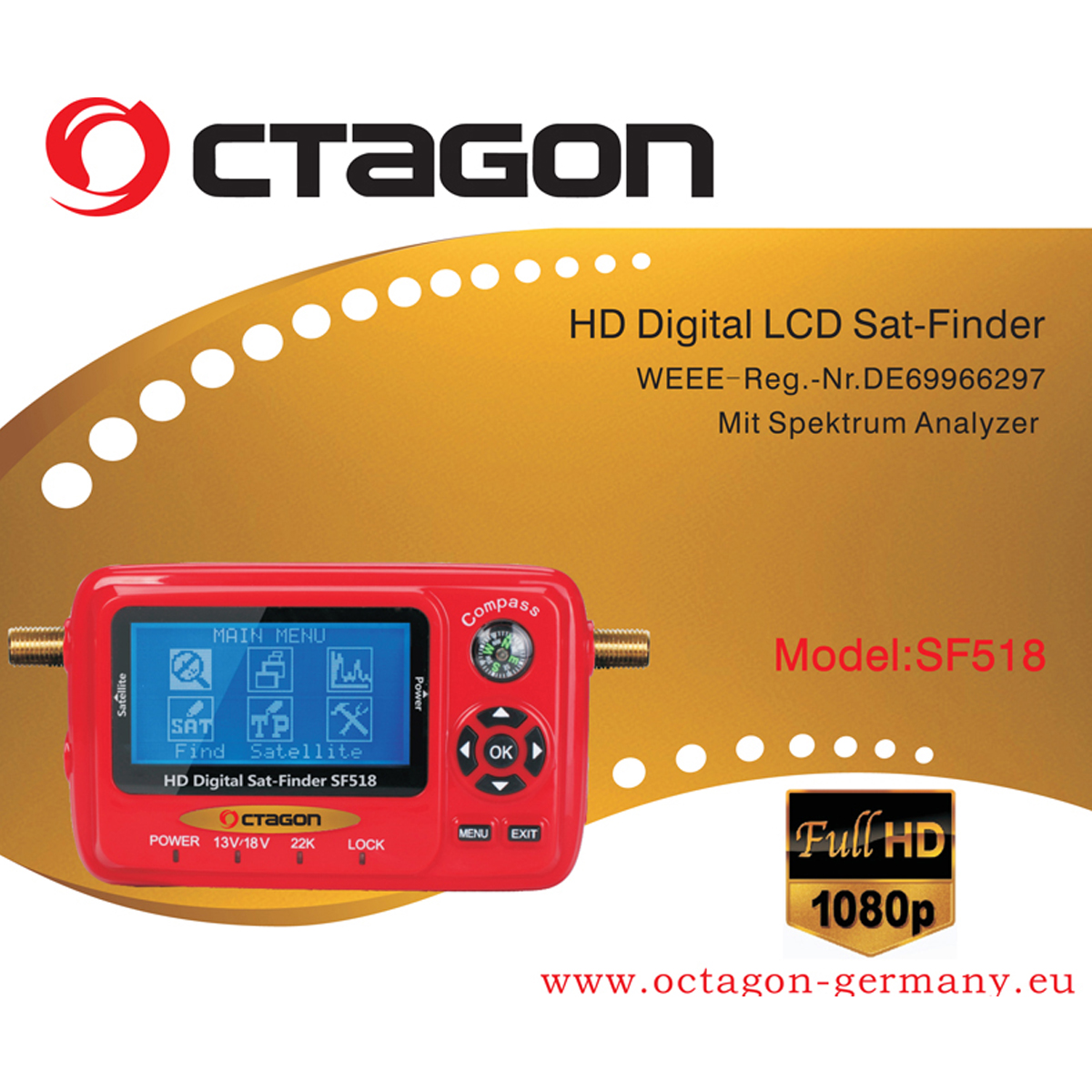 Ein roter HD digitaler Satellitenfinder mit Bildschirm und Knöpfen. Text und Logos sind sichtbar.