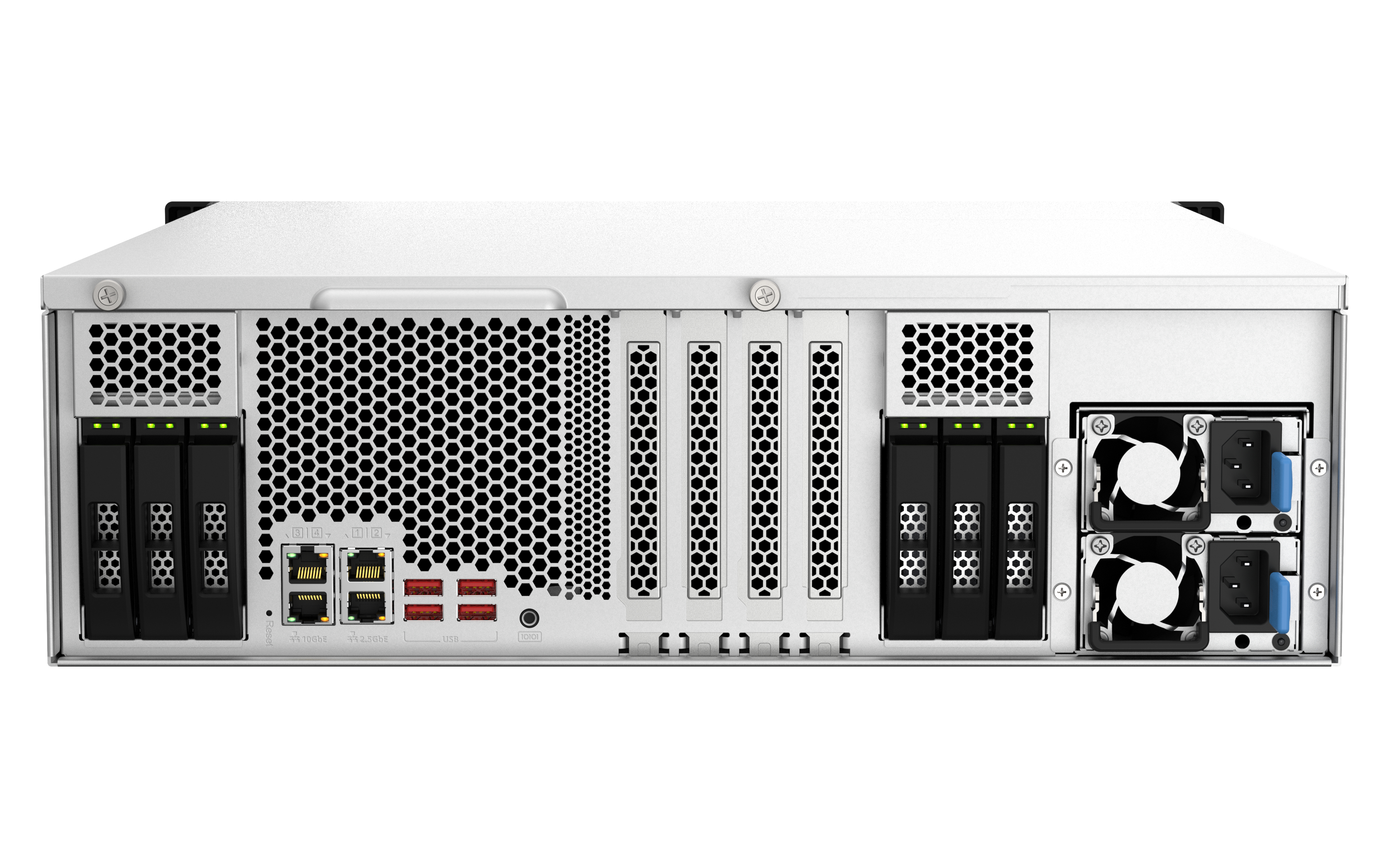 Rückansicht eines weißen Servers mit verschiedenen Anschlüssen und Lüftern. Schwarzes Gitter, silbernes Metall und schwarze Anschlüsse sind sichtbar.