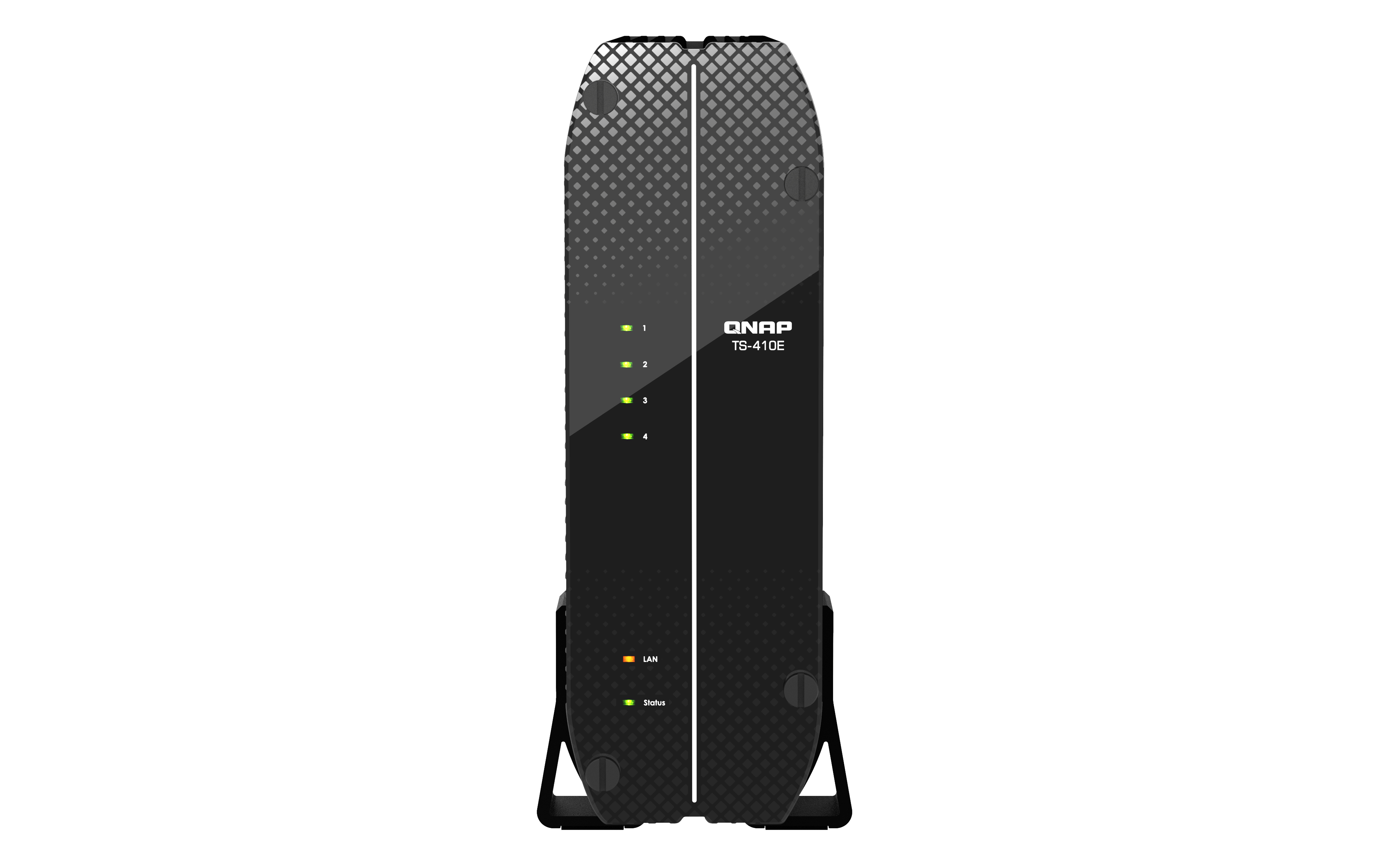 Schwarzes QNAP TS-410E-Gerät. Vertikal, mit Kontrollleuchten und dem QNAP-Logo. Es hat einen Ständer.
