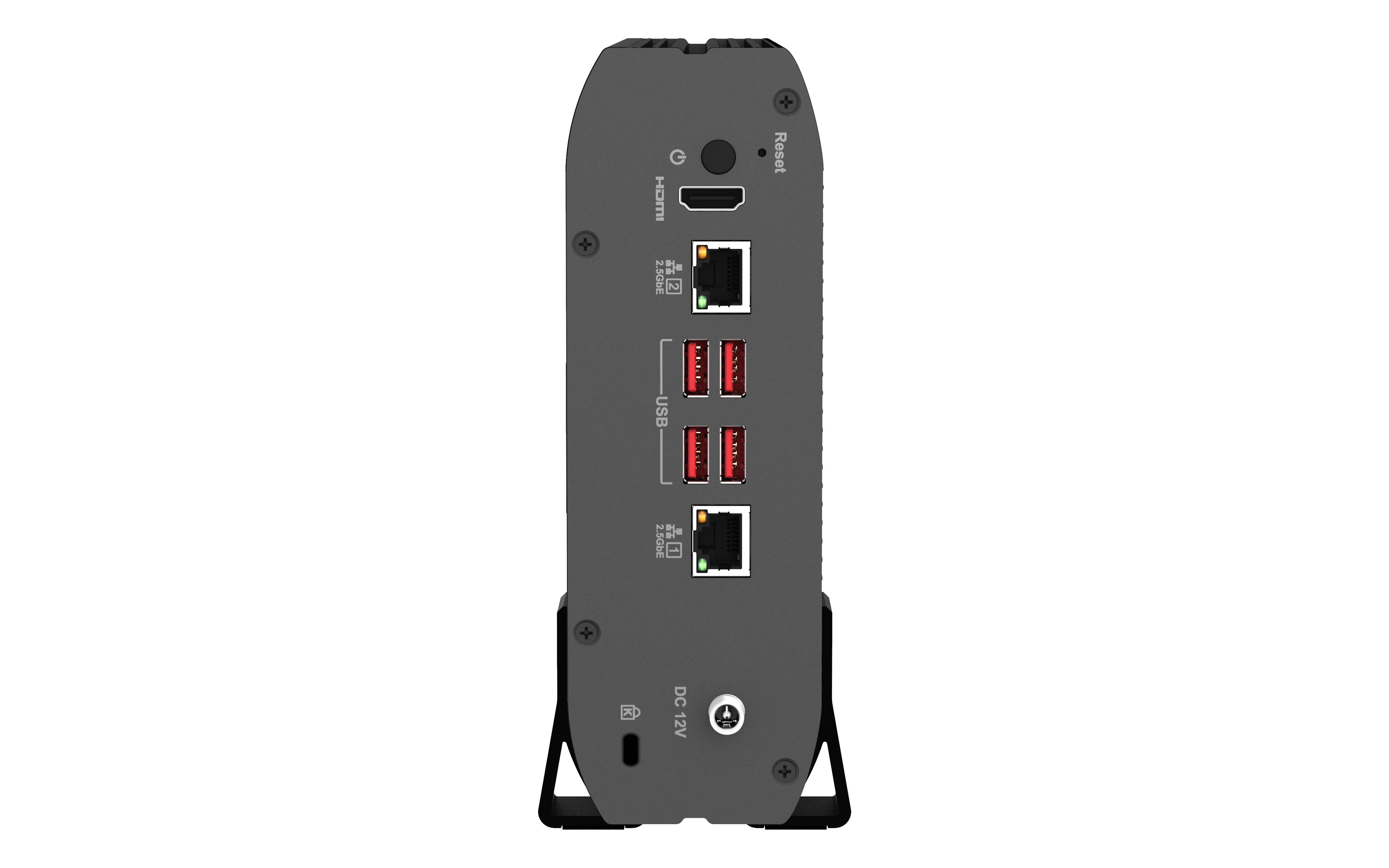 Ein schwarzes Gerät mit Anschlüssen, darunter HDMI und USB. Es hat einen DC 12V-Eingang und eine Reset-Taste.