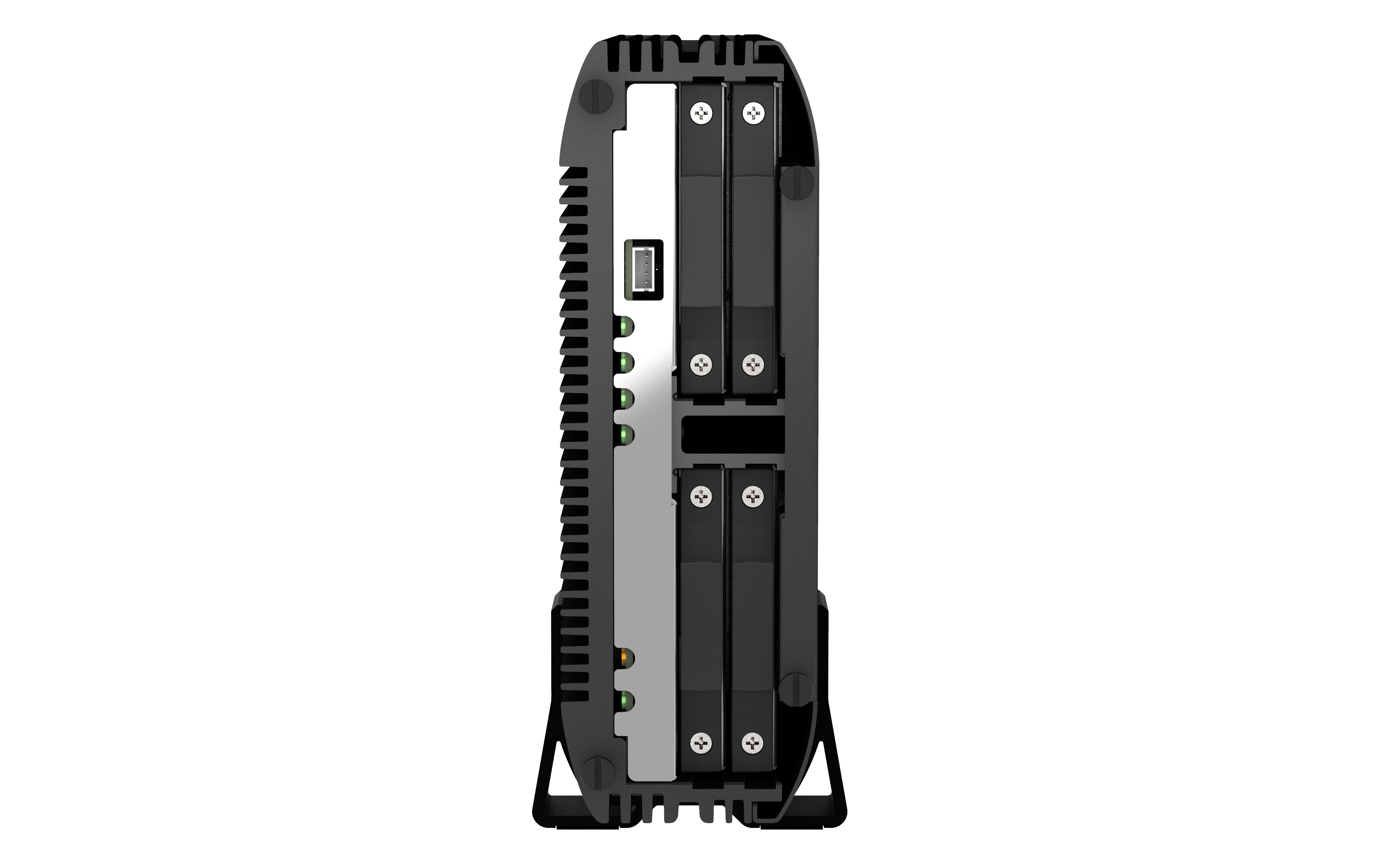 Ein schwarzes Servergerät mit Anschlüssen für Festplatten. Es hat eine Reihe von Schraubenpositionen an der Seite.