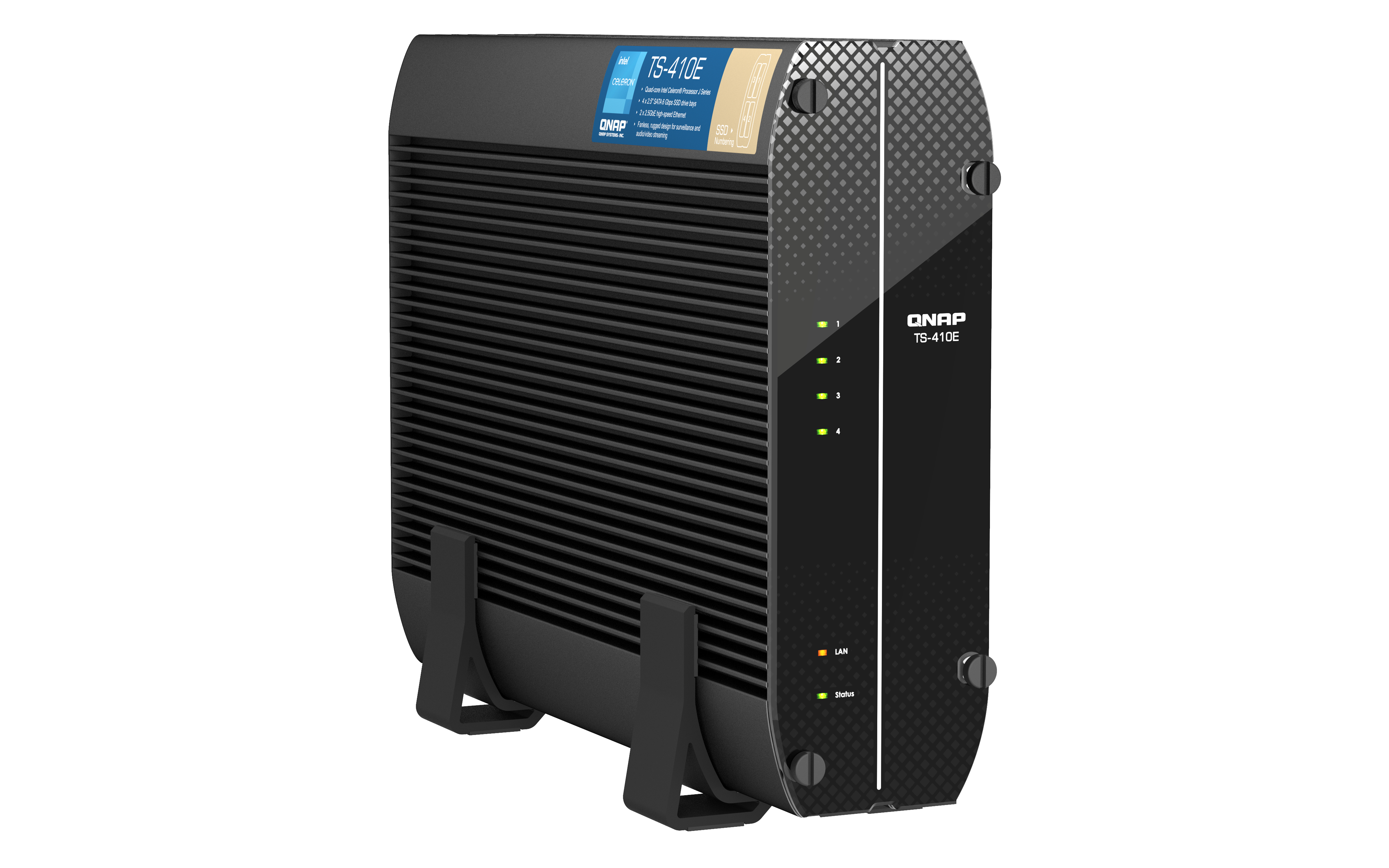 Schwarzer QNAP TS-410E-Server. Schwarzer Ständer. Vorderansicht mit Kontrollleuchten und dem QNAP-Logo.