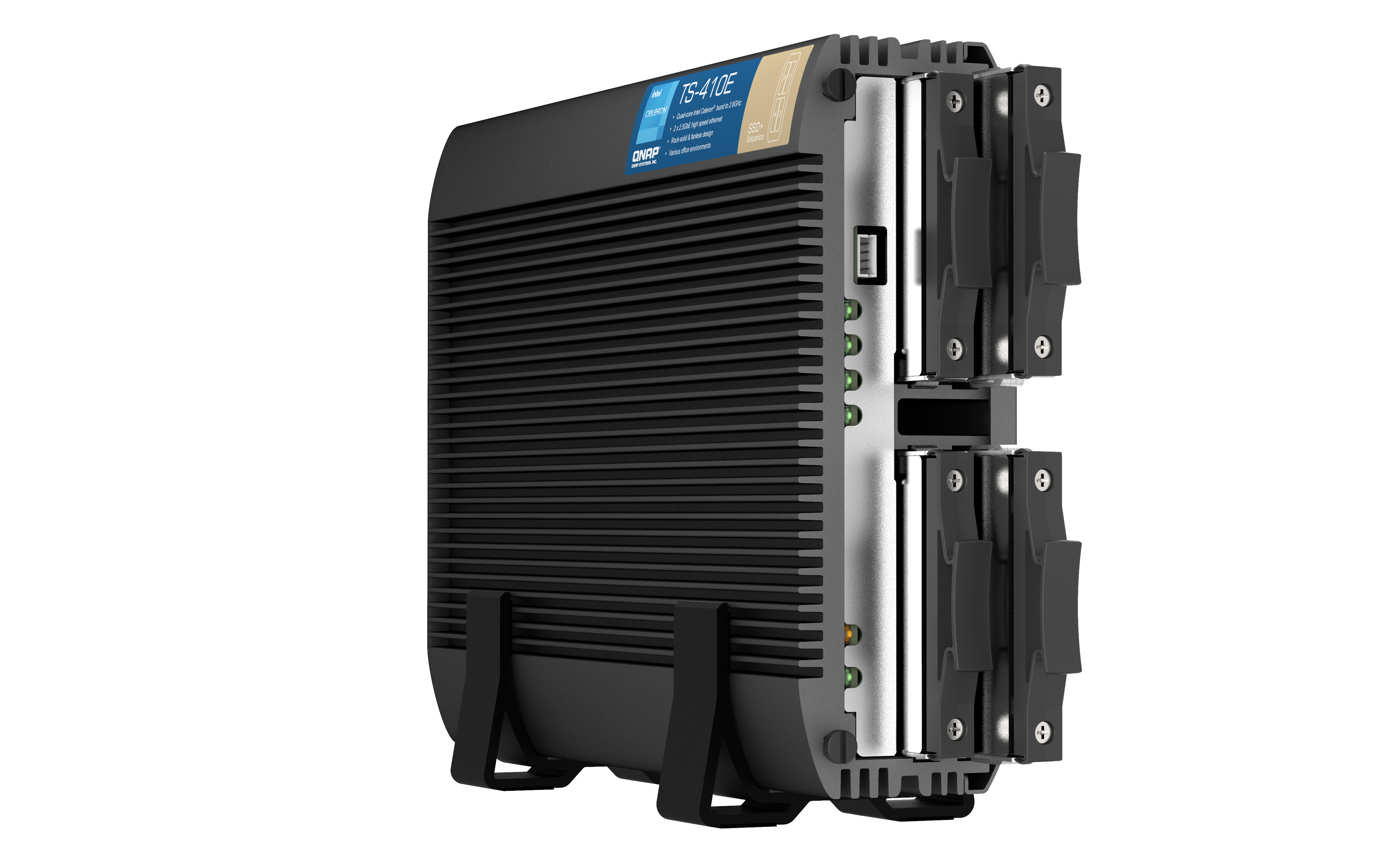 Schwarzer QNAP TS-410E-Server. Seitenansicht. Kontrollleuchten und das QNAP-Logo. Schwarzer Ständer.