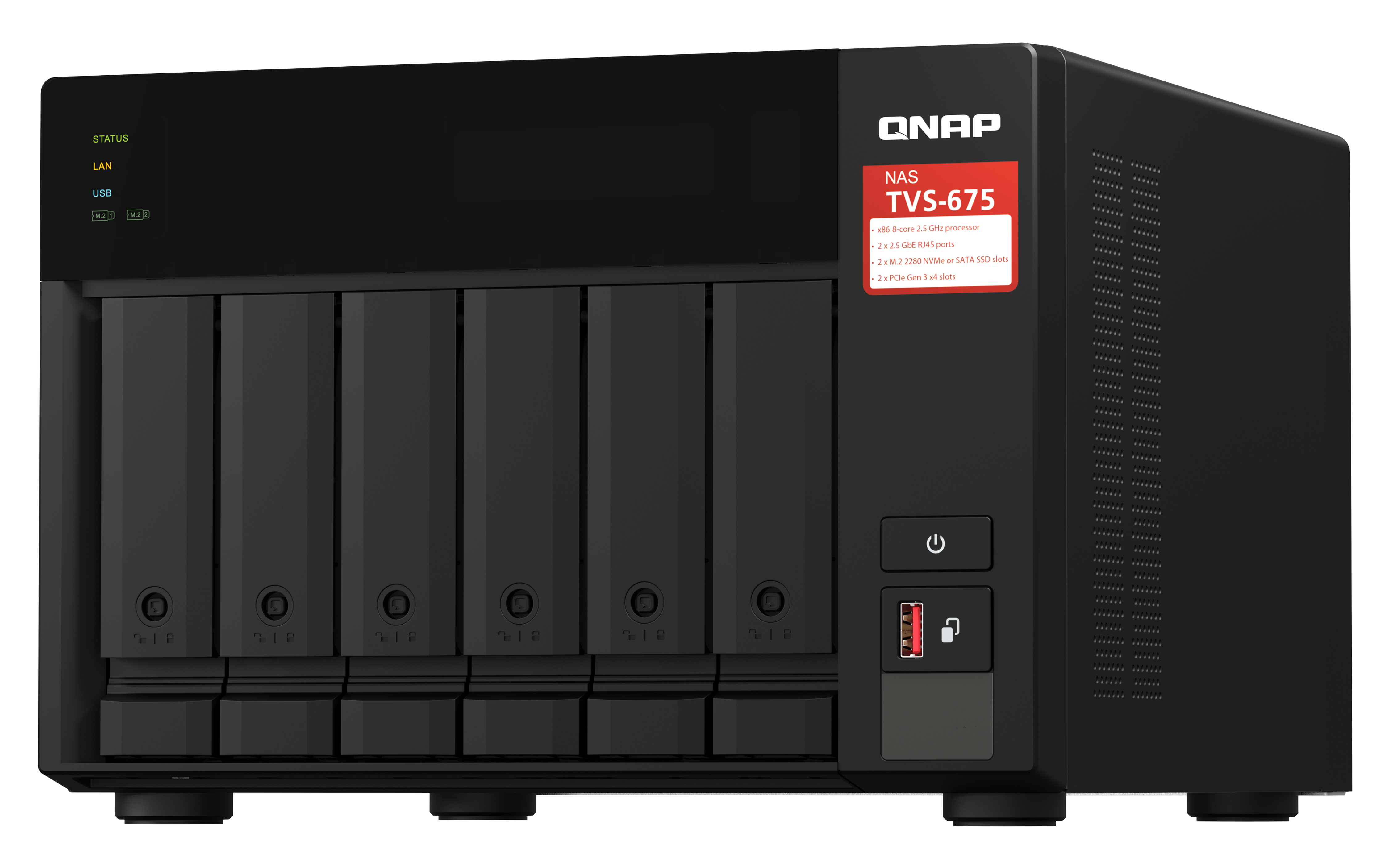 Schwarzer NAS-Server mit Schächten, USB und Statusleuchten. QNAP-Logo. Weißer Hintergrund.