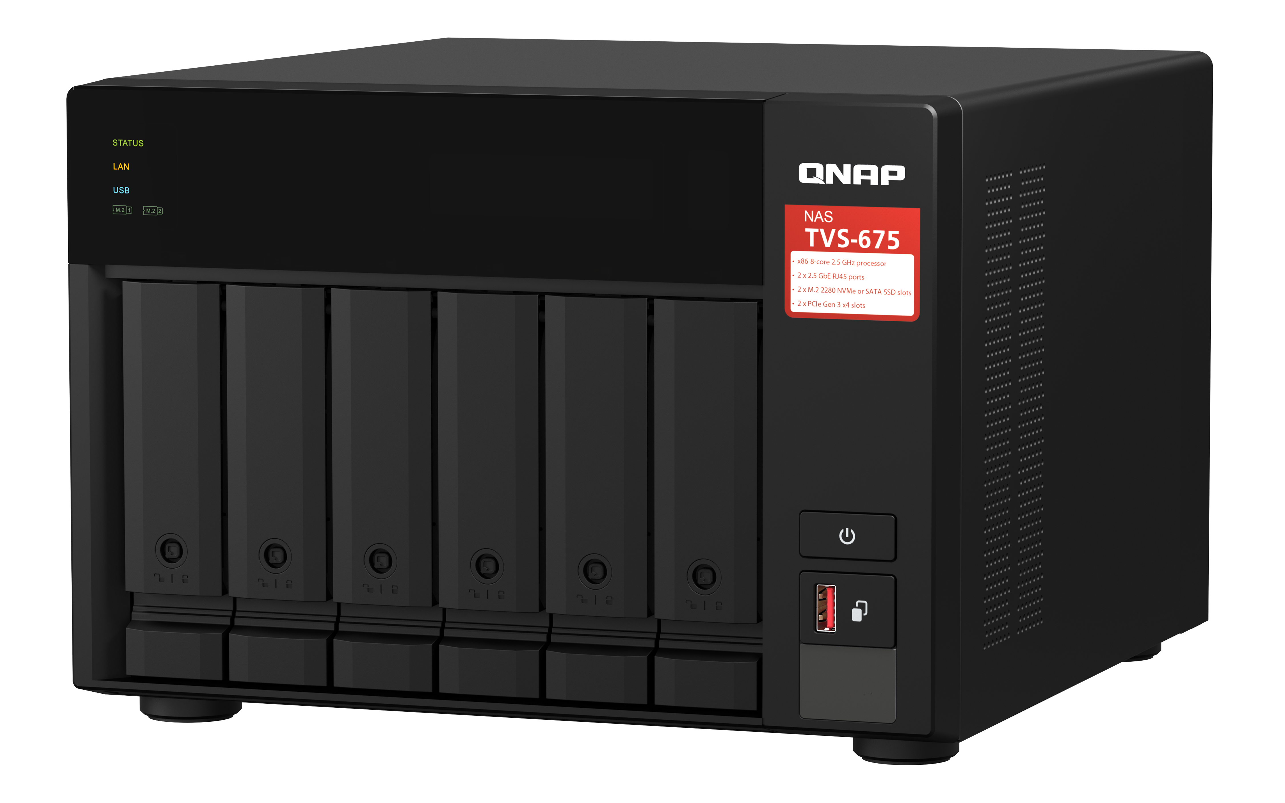 Schwarzer NAS-Server mit Schächten, USB und Statusleuchten. QNAP-Logo. Weißer Hintergrund.